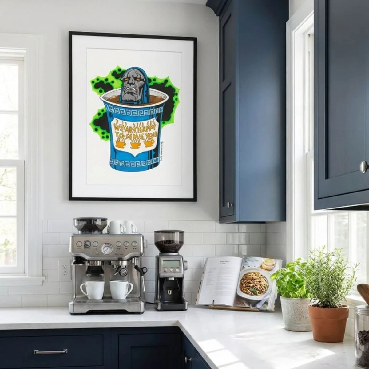 A framed artwork on a wall depicts a genesis-like figure emerging from a cup with the text "WEAR*HAPPY TO SERVE YOU". The room includes a wooden bookshelf with decorative vases and plants, a desk with a lamp, a laptop, a bowl of apples, and a coffee cup.