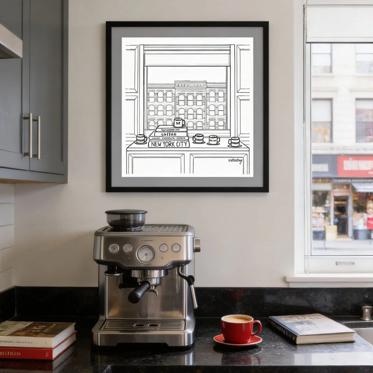 Framed abstract painting of a woman walking in a hallway, hanging above a wooden table with a disposable coffee cup, keys, and a small plant on it.