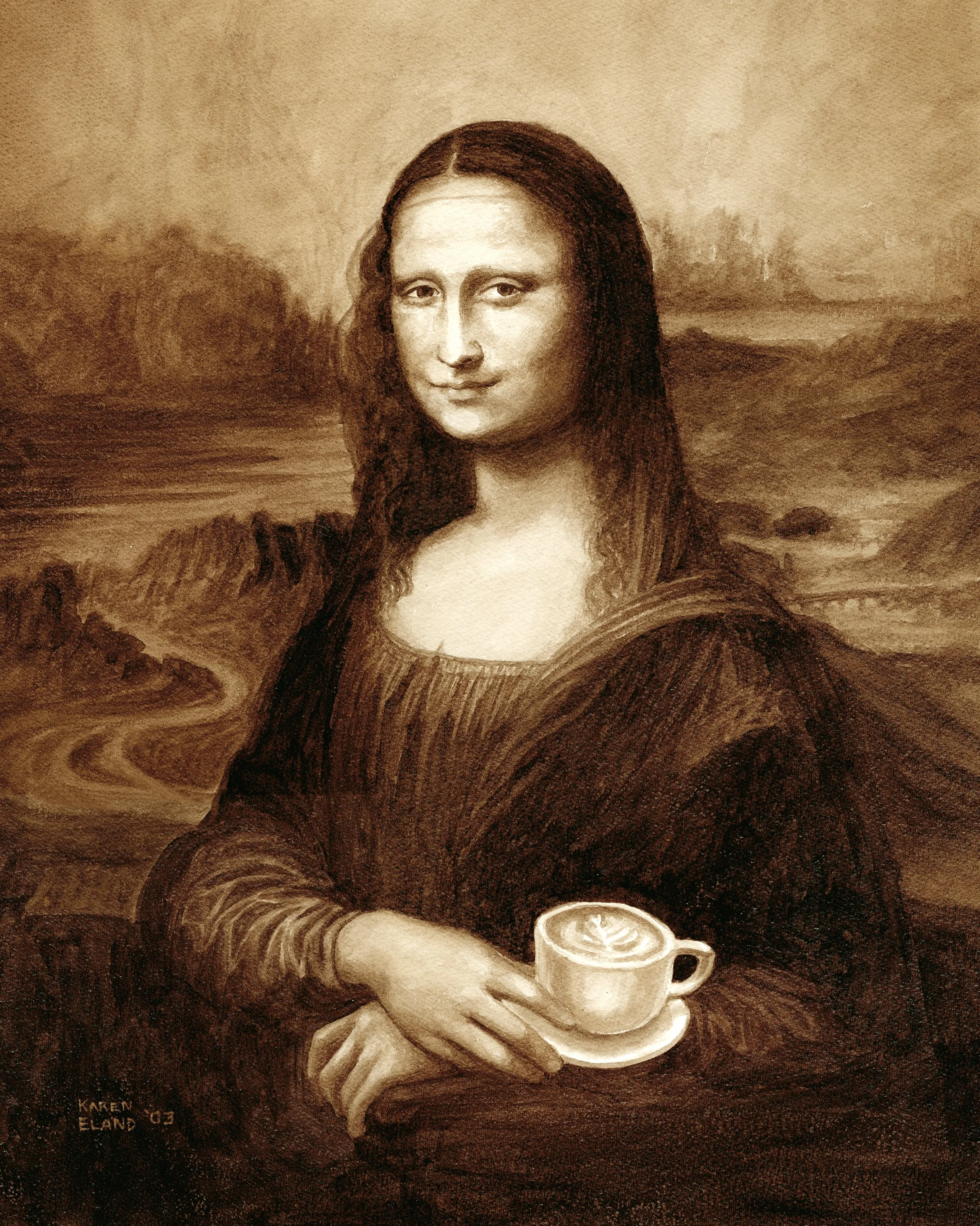 A sepia-toned coffee painting of the Mona Lisa holding a cup of coffee in her hands.