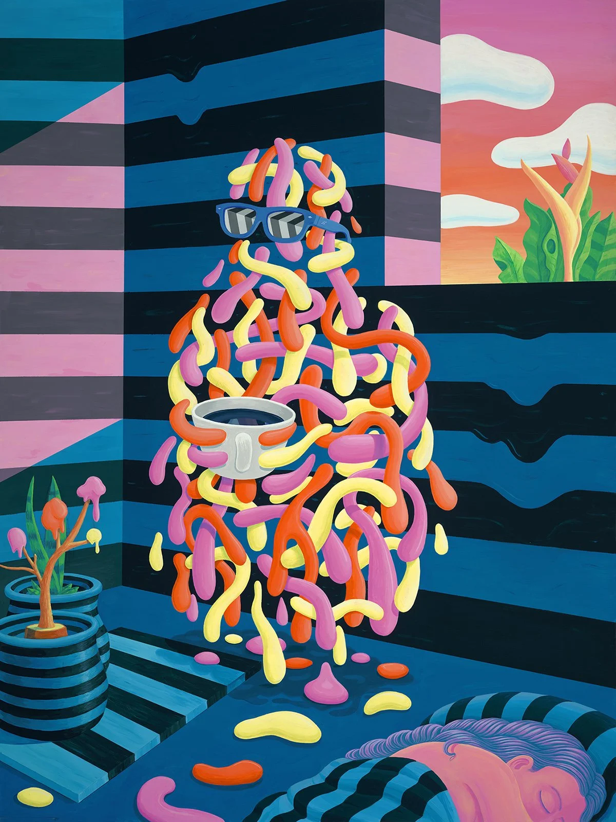 Vibrant mural featuring colorful twisted shapes resembling noodles emerging from a cup, with sunglasses on the shapes, set against a background of striped walls and a sunset sky with clouds and plants.