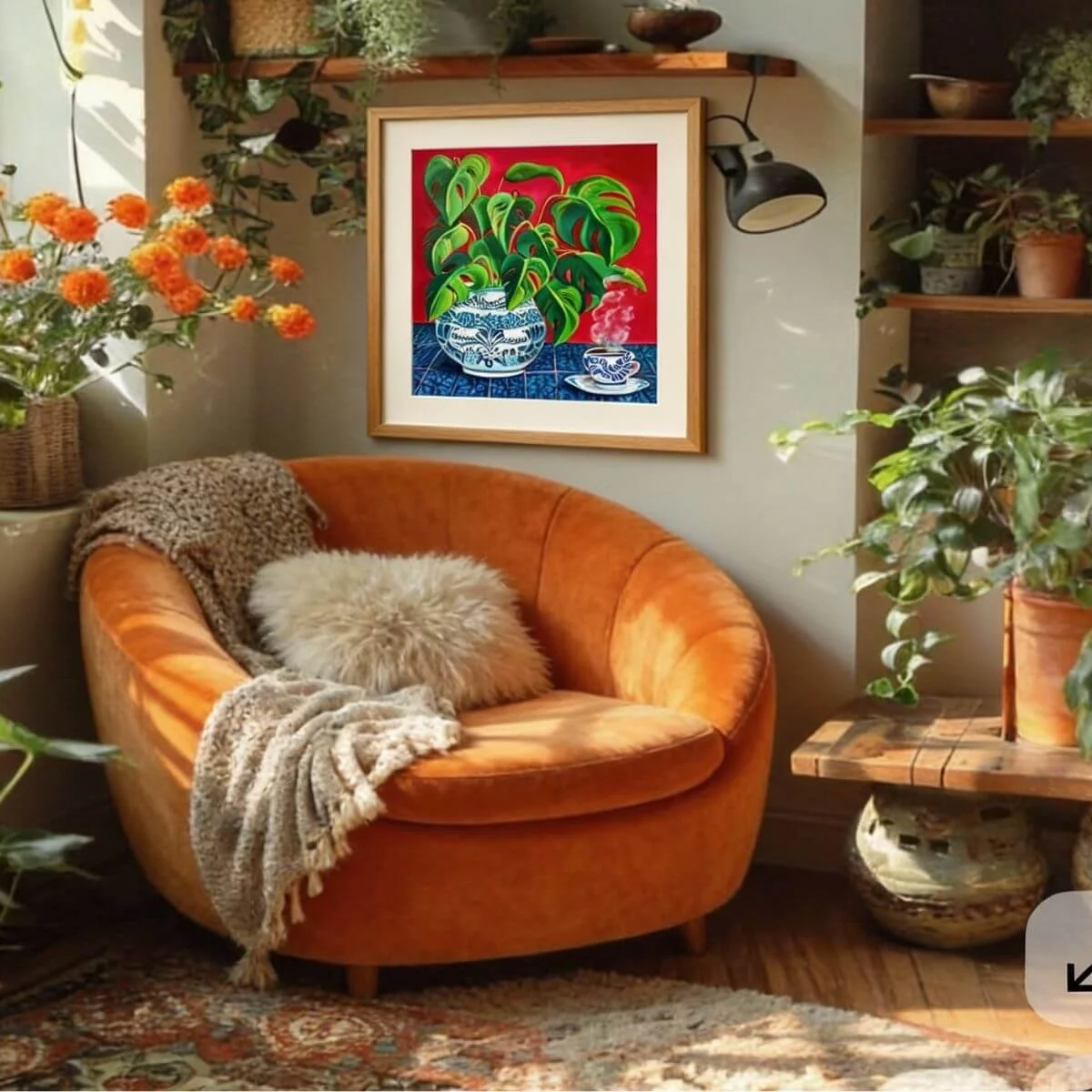 Interior scene with sunlight streaming through a window, casting shadows of plants on the wall. A framed watercolor painting of a cup of tea and a small pitcher hangs on the wall. Two hanging pendant lights are on either side of the painting.