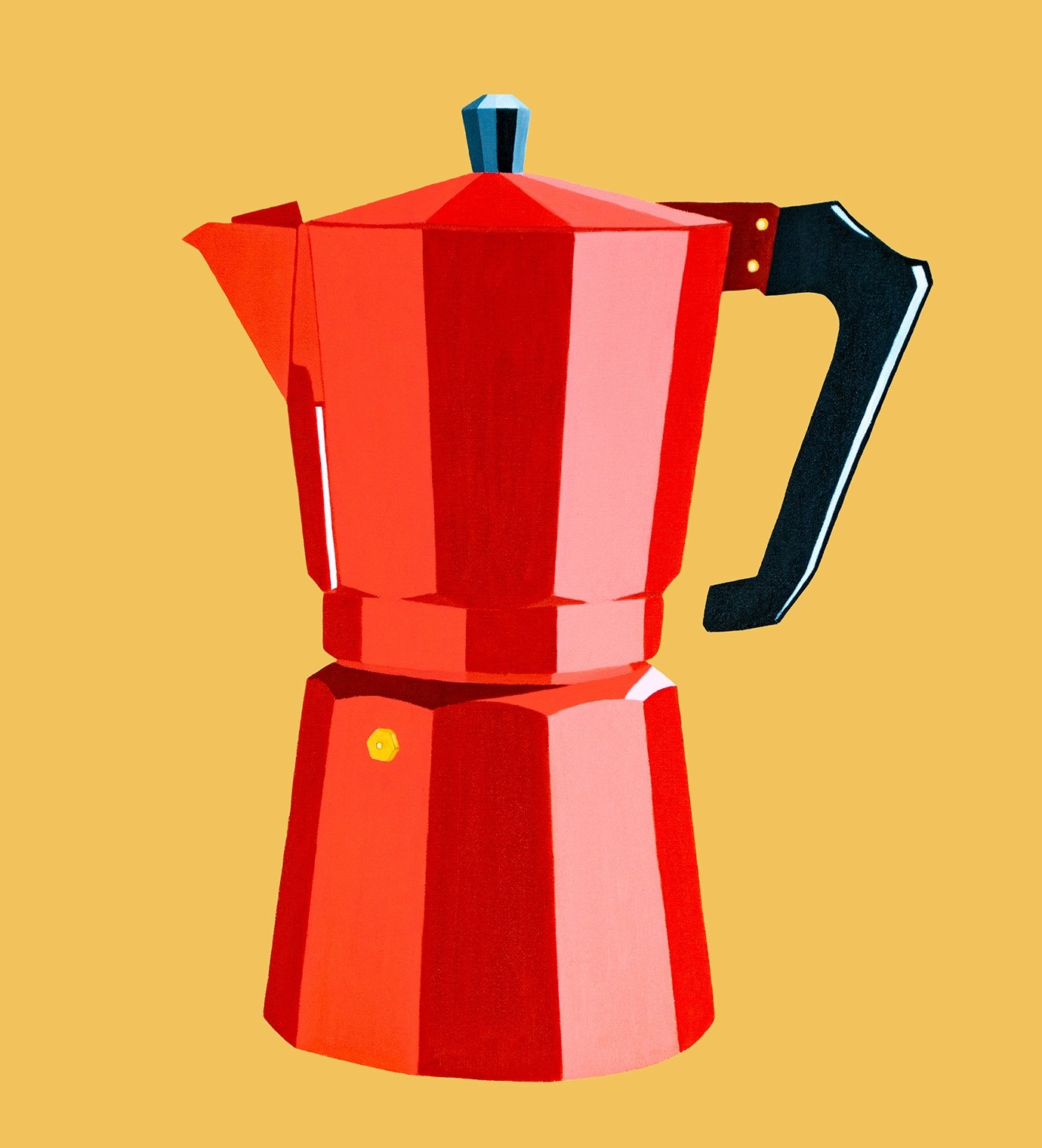Stylized digital illustration of a red moka pot espresso maker with a black handle, set against a yellow background.