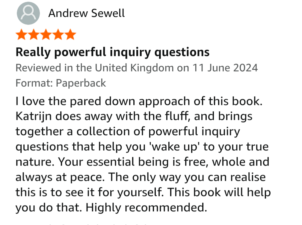 A book review for 'Really powerful inquiry questions' by Andrew Sewell, rated five stars, praising the book's approach and usefulness, reviewed in the United Kingdom on June 11, 2024, format paperback.