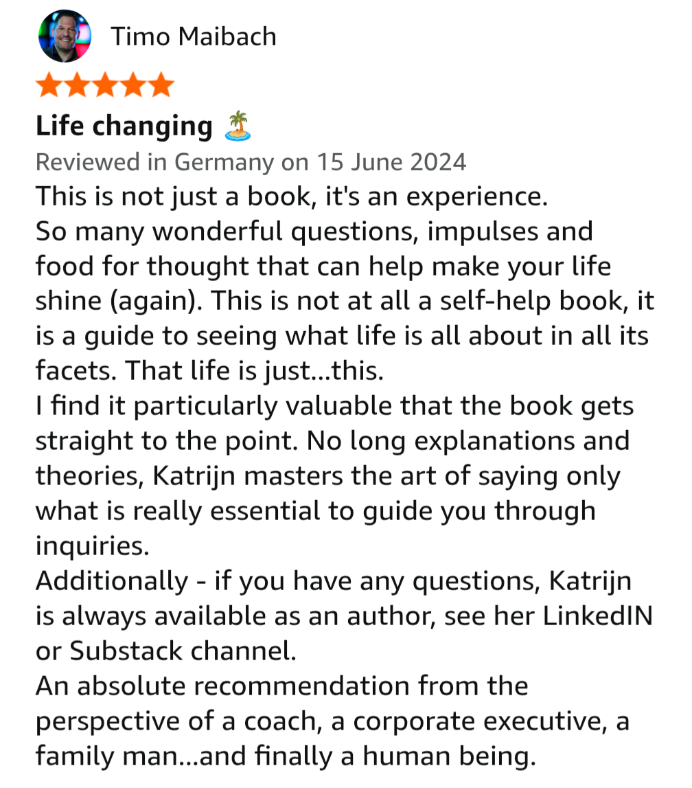 Screenshot of a book review by Timo Maibach, rating five stars, titled 'Life changing' with a palm tree and island emoji, reviewed in Germany on June 15, 2024.