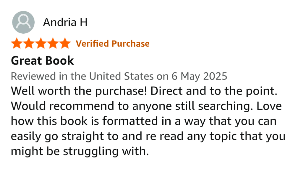 Screenshot of a verified Amazon review for a book, written by Andria H, praising the book for its formatting and usefulness.