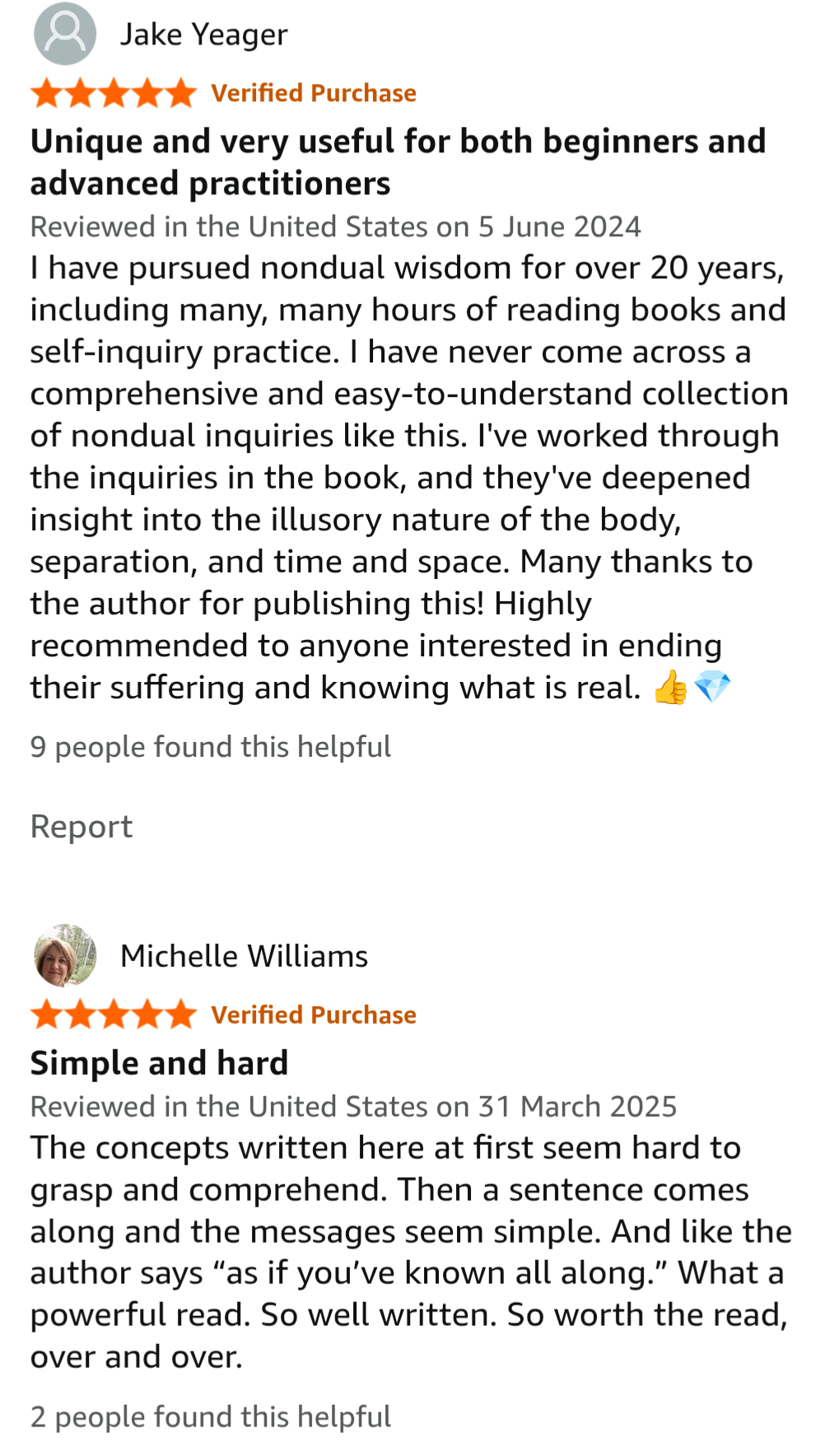 Screenshot of two book reviews from Amazon. The first review praises a book about nondual wisdom, and the second review describes a book as simple and well-written.