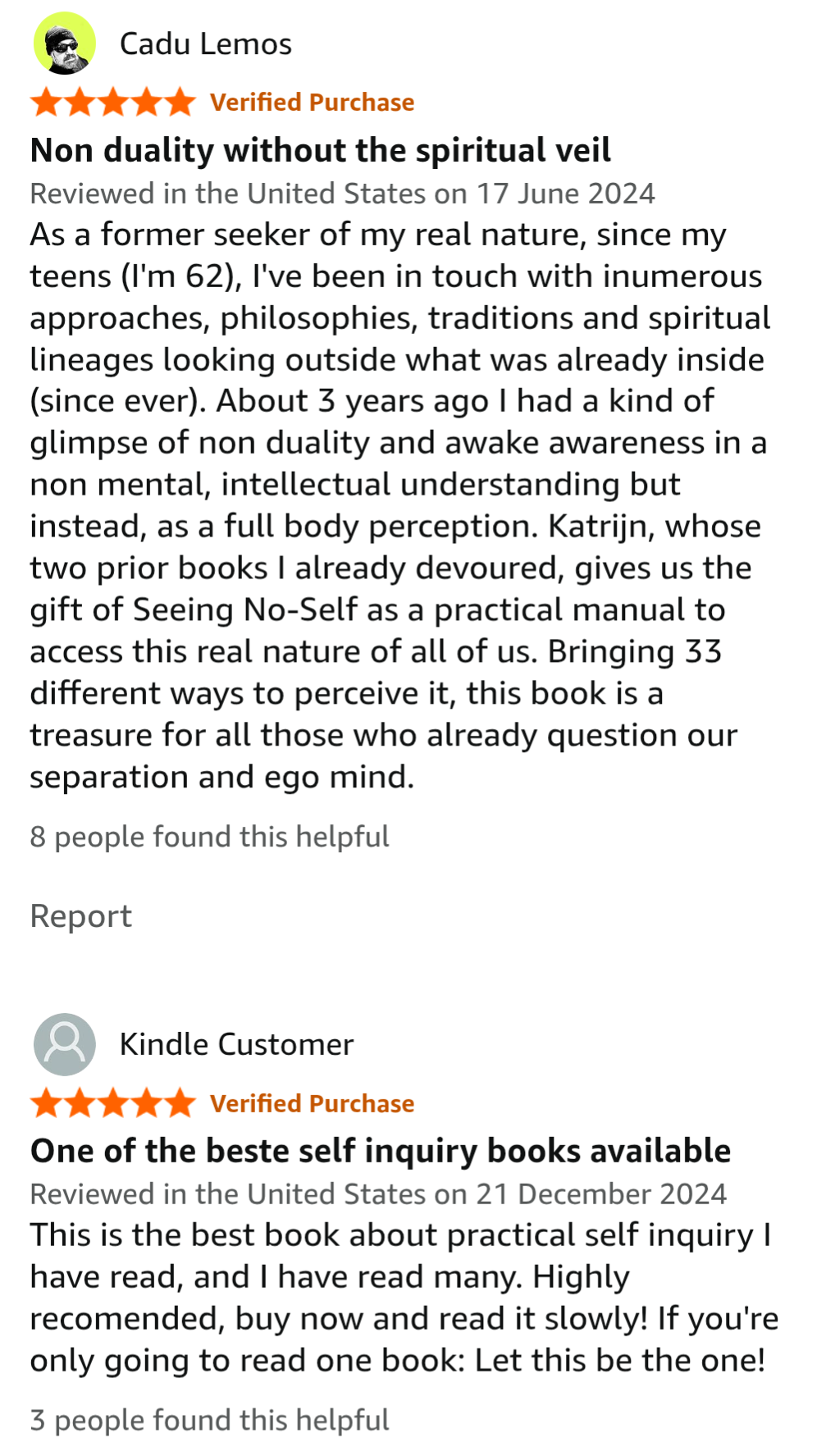 Screenshots of two book reviews on Amazon, one for 'Non duality without the spiritual veil' and the other for 'One of the best self inquiry books available'.
