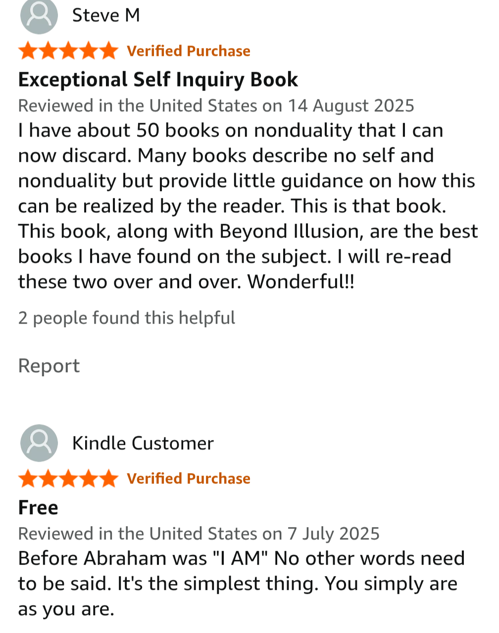 Two customer reviews of books on Amazon, one about a self-inquiry book with five stars, the other about a free book with five stars.