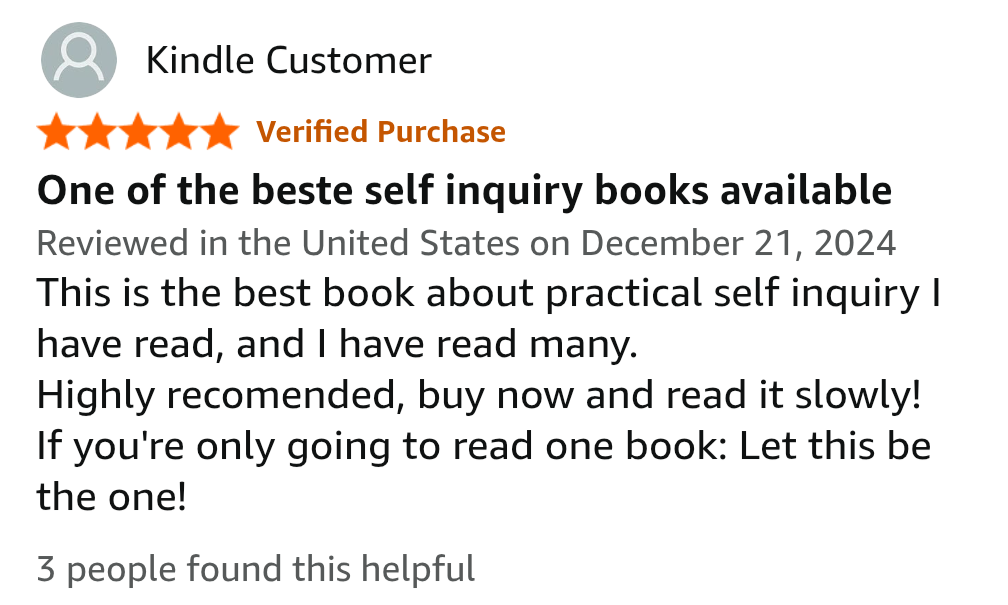 Review showing a 5-star rating, a 'Verified Purchase' badge, and text endorsing a self-inquiry book.