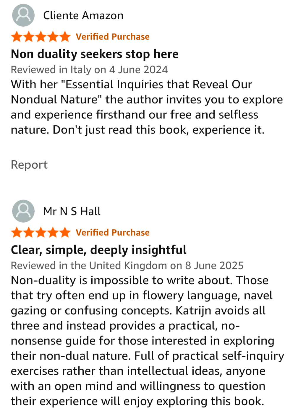 Screenshots of two Amazon customer reviews, one from Italy and one from the UK, both praising a book about non-duality with star ratings of five stars.