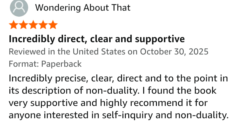 Screenshot of a book review titled 'Wondering About That' with a 5-star rating. The review describes the book as 'Incredibly direct, clear and supportive,' praising its precision and helpfulness for self-inquiry and non-duality, and mentioning it was reviewed in the United States on October 30, 2025.