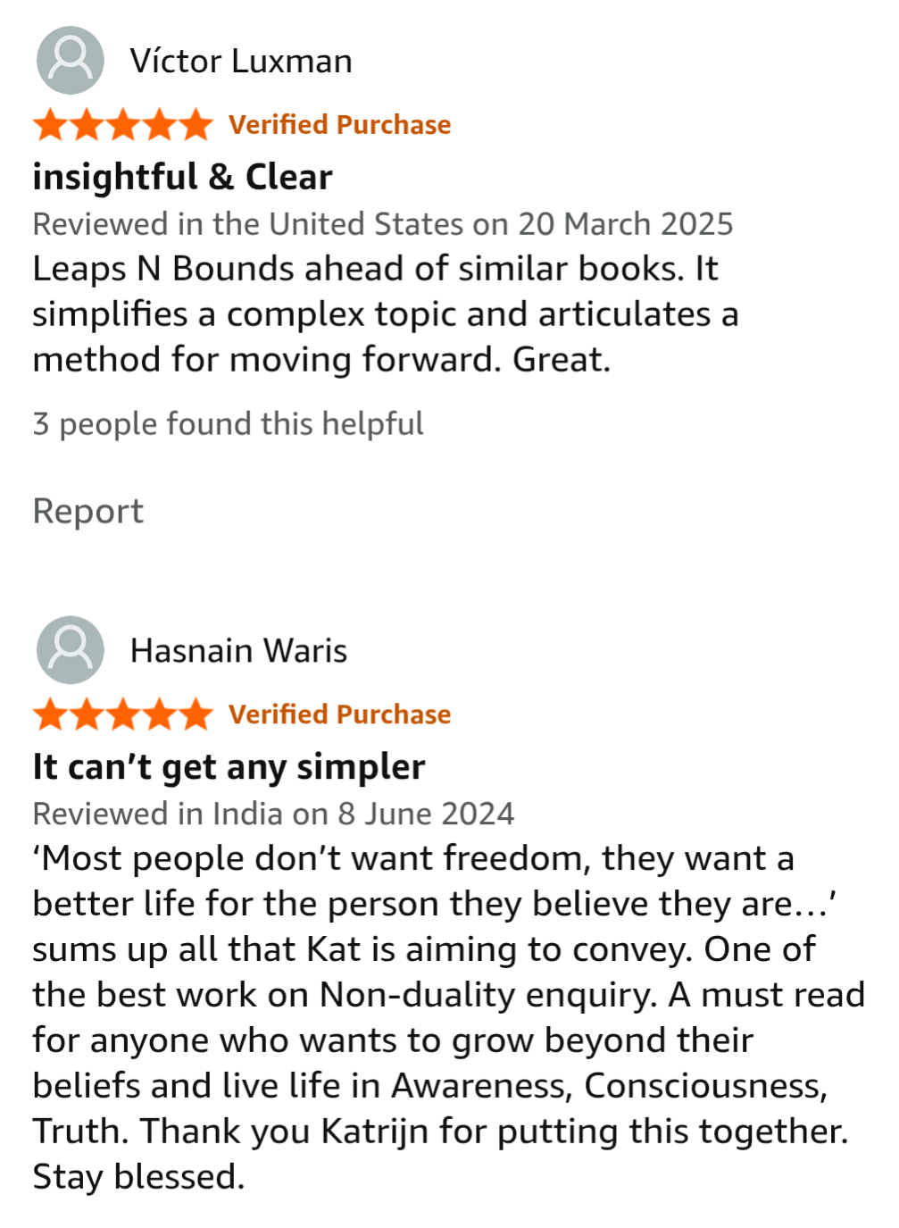 Screenshots of two online reviews, one from Victor Luxman praising a book for simplifying complex topics, and another from Hasnain Waris praising a work on non-duality, both marked as verified purchases.