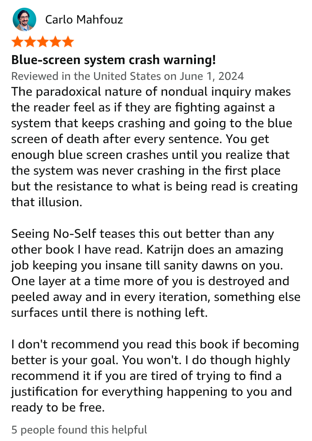 Review of a book titled 'Blue-screen system crash warning!' by Carlo Mahfouz, with a five-star rating, discussing themes of system crashes versus perceived reality, and mentioning other books by the same author.