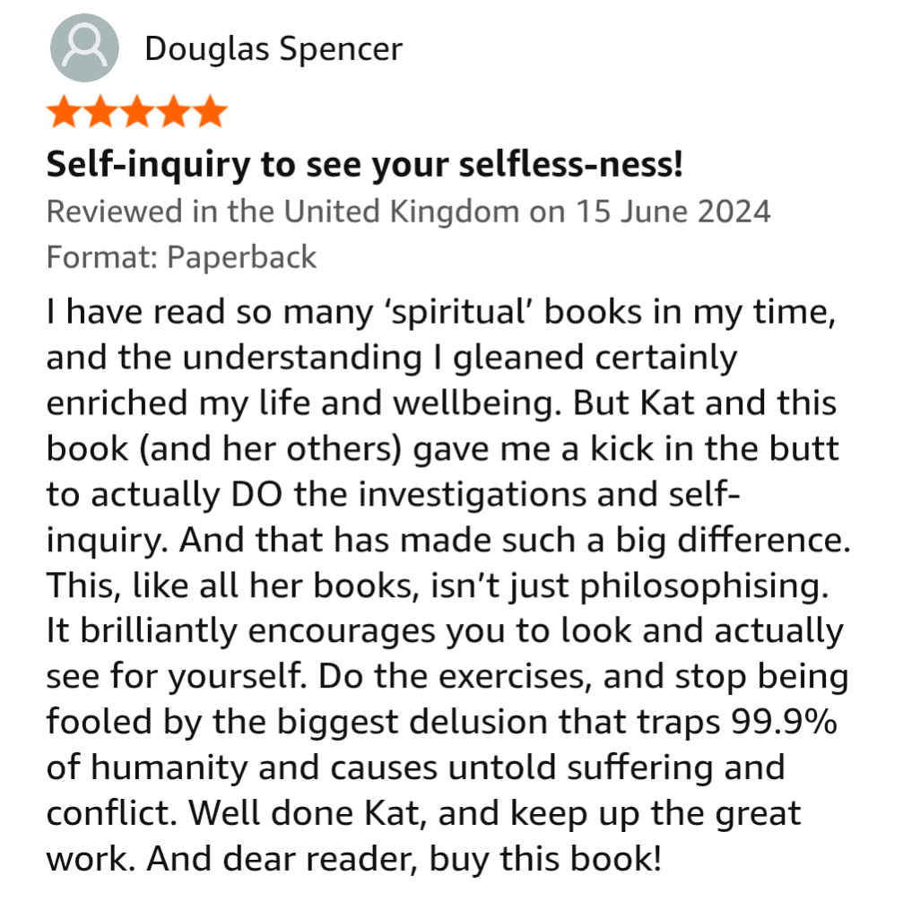 Screenshot of a Goodreads book review by Douglas Spencer for a book about self-inquiry and spirituality. The review includes a five-star rating and praises the book for encouraging self-awareness and practical investigation.