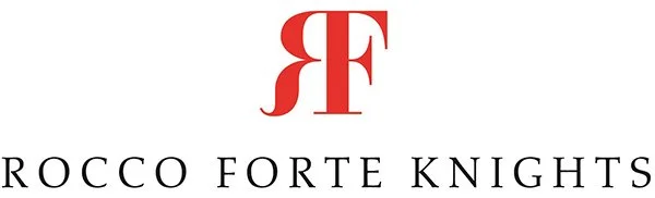 Logo with stylized red letters "RF" above black text reading "Rocco Forte Knights."