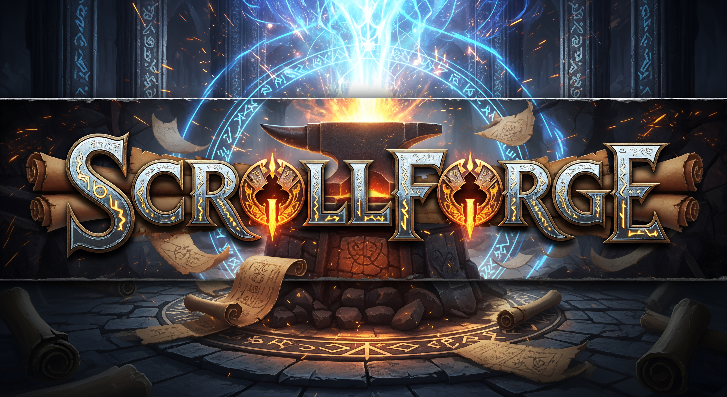 Fantasy-themed digital illustration of the table from the game "Scrolls of Lore", featuring an anvil, glowing runes, floating scrolls, and magical symbols with the game's title prominently displayed in medieval-style lettering.