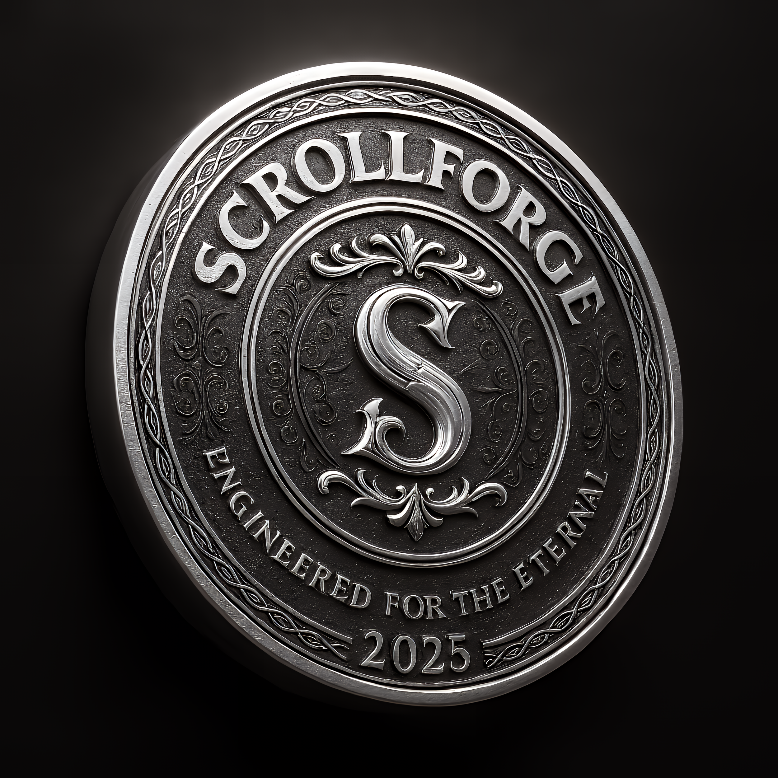 Close-up of a silver coin with the inscription 'Scrollforge' and 'Engraved for the Eternal 2025' around a large ornate 'S' in the center.