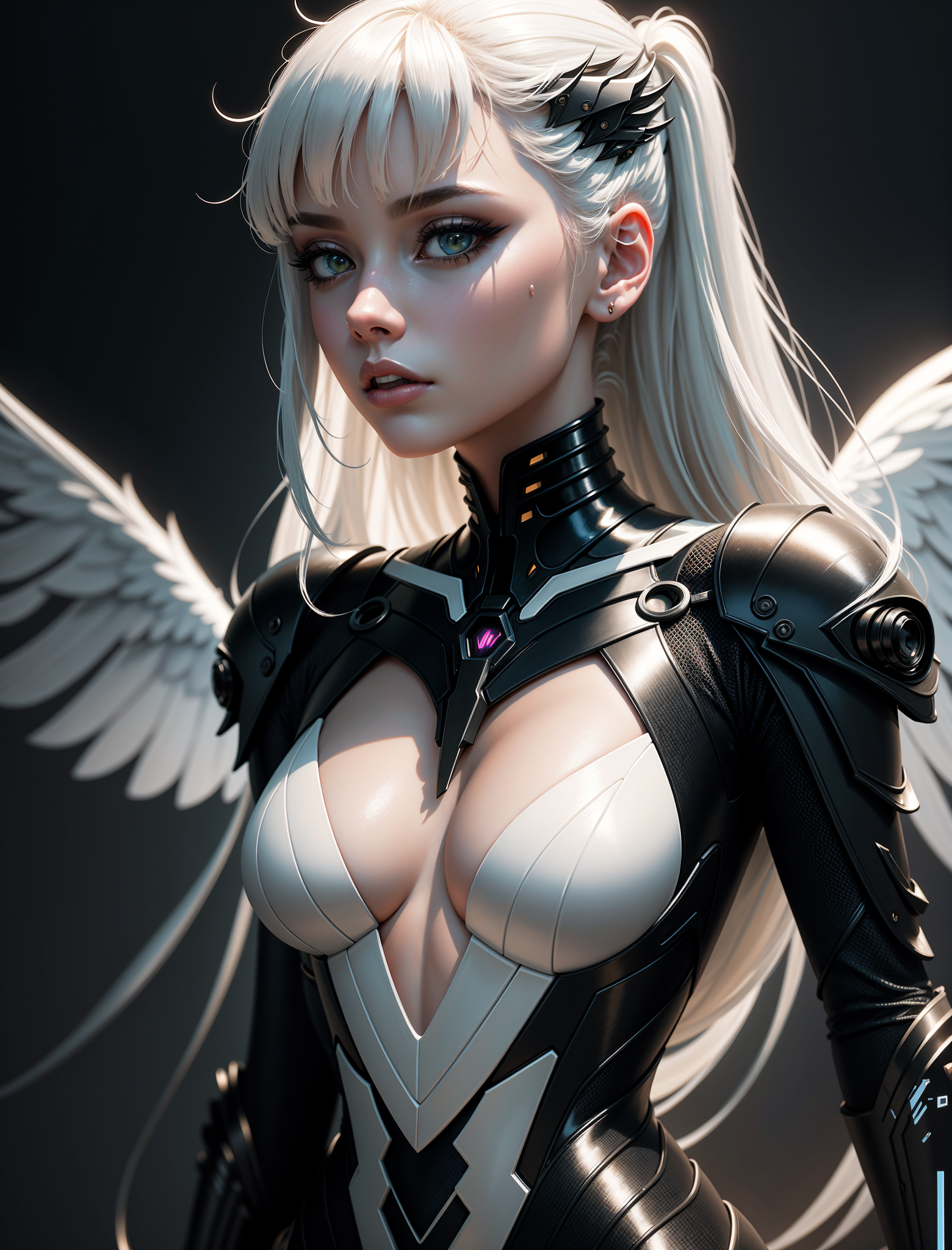 Digital artwork of a female cyborg with white hair, blue eyes, angelic wings, and a futuristic black and white armor suit.