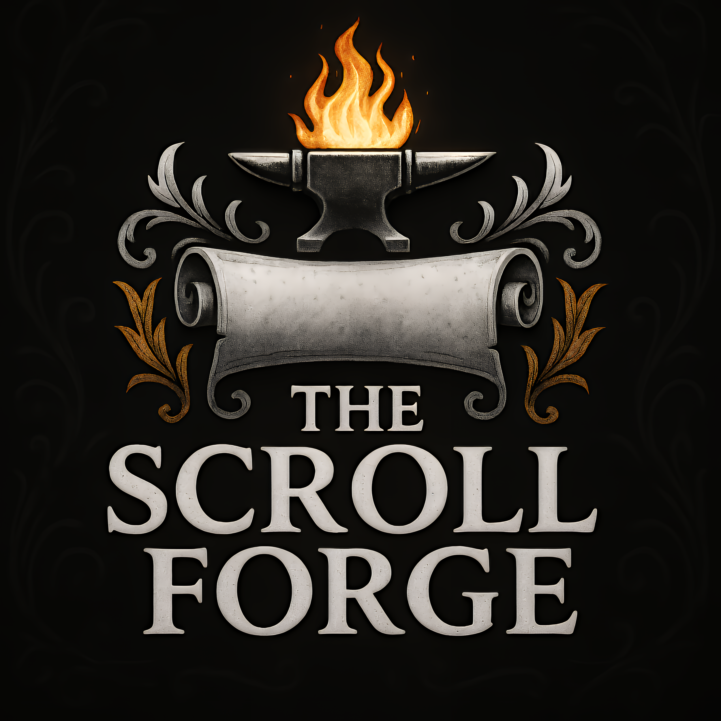 A logo for The Scroll Forge featuring an anvil with a torch of fire on top, decorative scrolls, and the text "The Scroll Forge" in a metallic font against a black background.