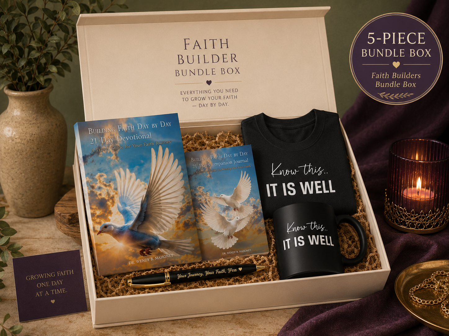 A faith-themed gift box containing a black mug with white text, a black T-shirt with white text, two books titled 'Building Faith Day by Day', a decorative pen, and a small card reading 'Growing Faith One Day at a Time.' The box is surrounded by a purple cloth, a lit candle in a dark red holder, a gold tray with jewelry, and a potted plant, all on a wooden surface.