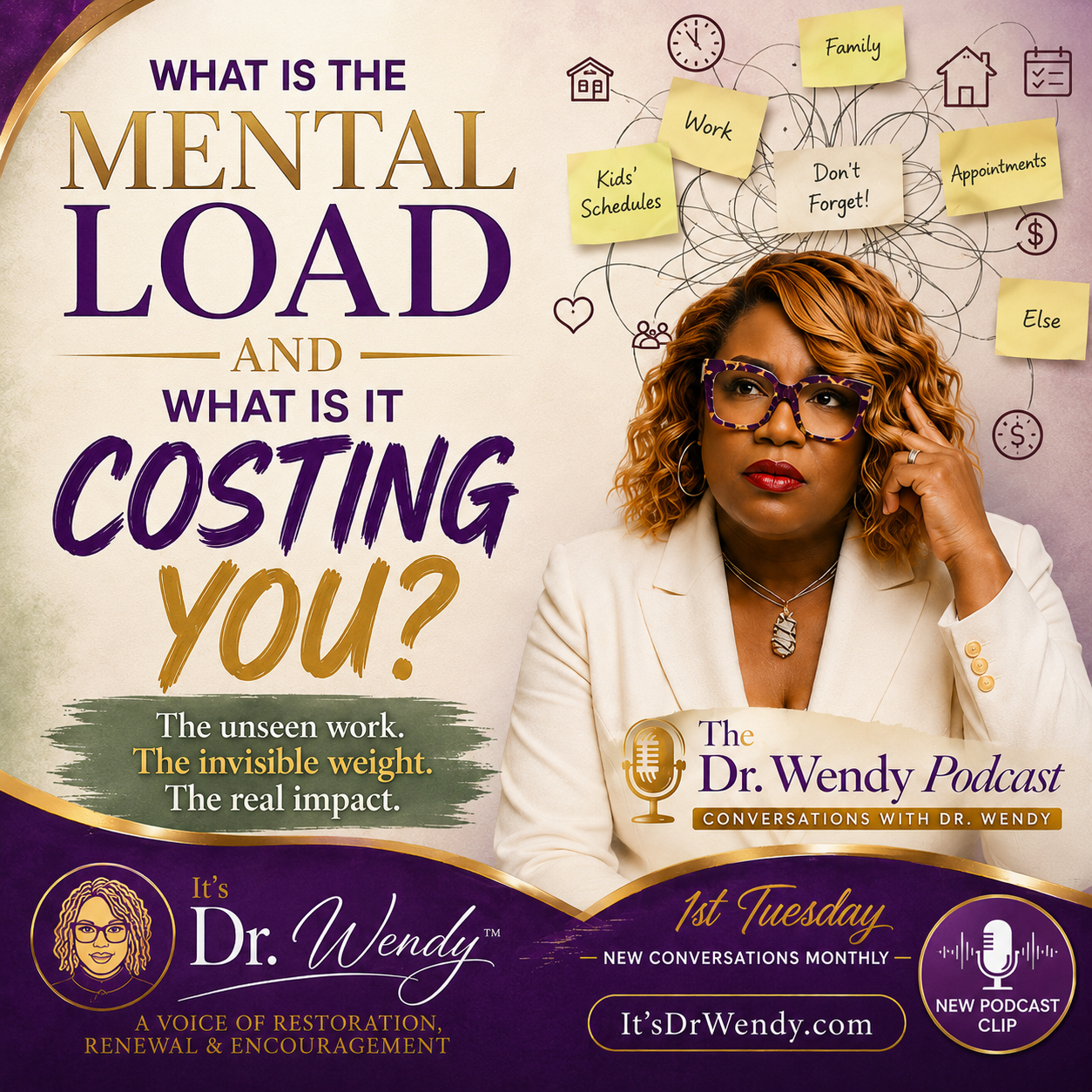 Promotional graphic for Dr. Wendy Podcast about mental load and invisible work. Features a woman with curly hair and purple glasses, with notes about family, work, schedules, and appointments around her head. Contains podcast details and website.