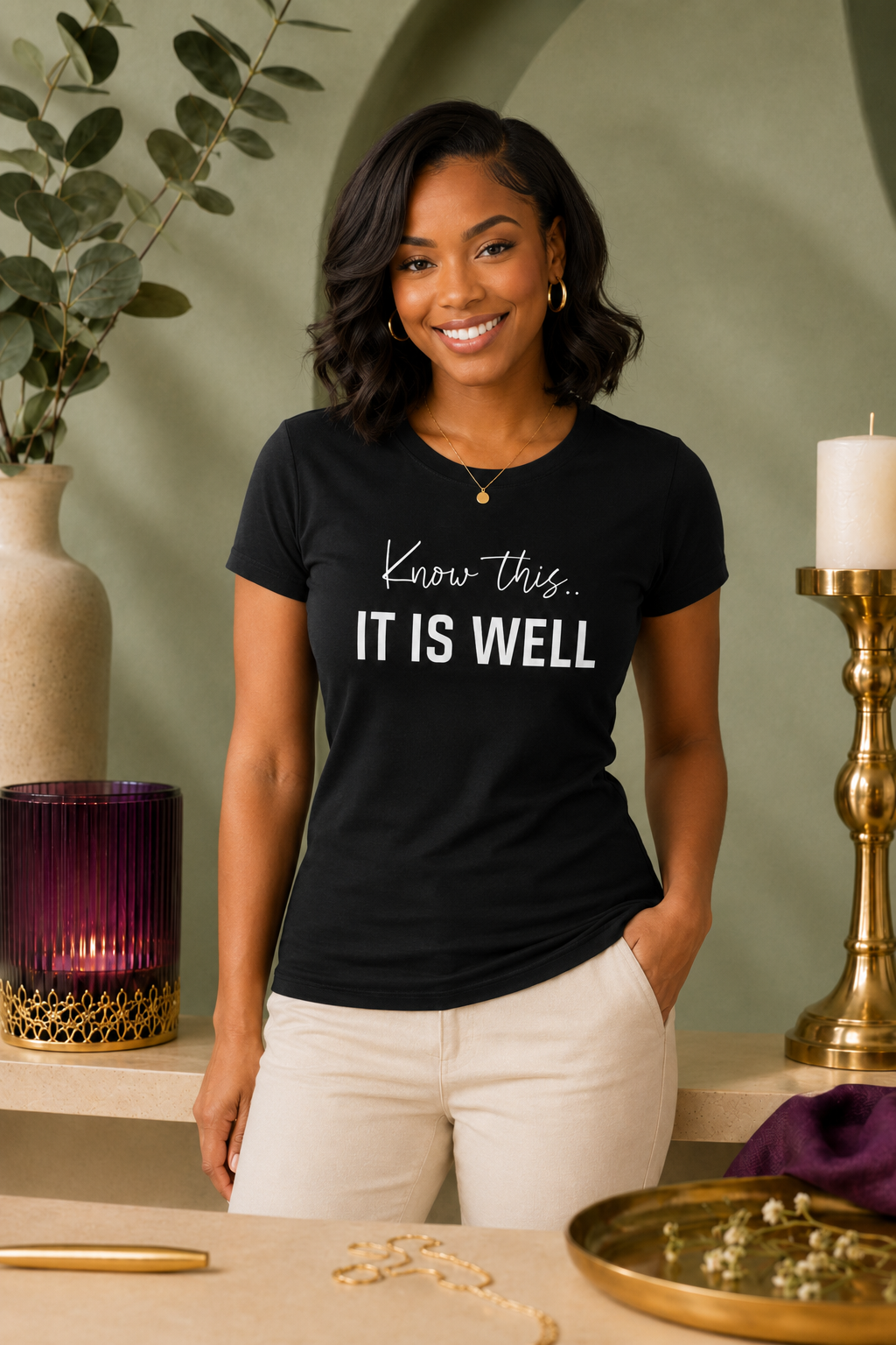 A woman with shoulder-length dark hair, smiling, wearing a black t-shirt with white text that says, 'Know this... IT IS WELL', standing indoors with a green wall, large leafed plant, and decorative items such as a purple candle holder, a gold candlestick with a white candle, and jewelry on the table.