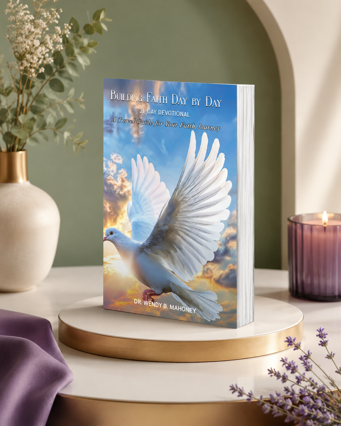 A book titled 'Building Faith Day by Day' by Dr. Wendy B. Mahoney stands on a round table with a gold rim, surrounded by decorative items including a potted plant, purple candle holder with a lit candle, and purple fabric, against a green and beige background.