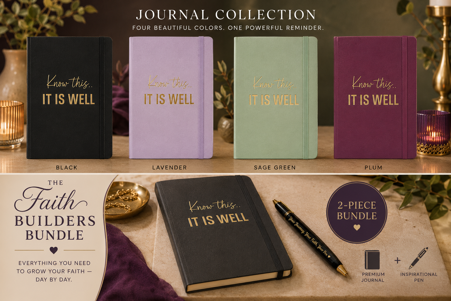A display of four colored journals labeled 'Know this.. It is well' in black, lavender, sage green, and plum, against a decorative background. Included is a promotional section showing a black journal with gold lettering, a gold pen, and text describing a faith builders bundle with a journal and an inspirational pen.