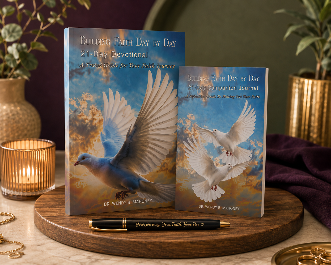 A devotional book titled 'Building Faith Day by Day' alongside a companion journal, both featuring cover art of white doves flying in a sky with clouds at sunset, placed on a wooden round tray with a black pen, candles, and plants in the background.
