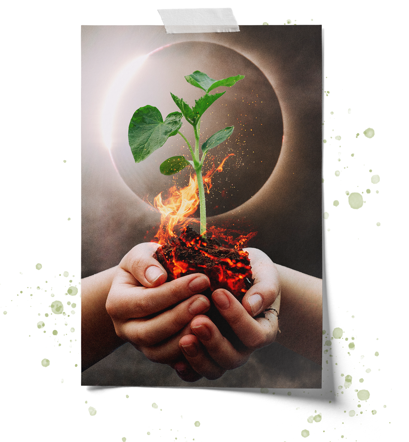 Hands holding a small plant with soil that's on fire, against a dark background with a glowing halo effect.