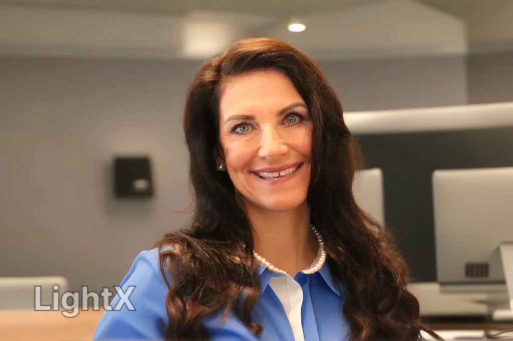 A woman with long brown hair, wearing a blue blouse and a pearl necklace, smiling in an indoor office setting.