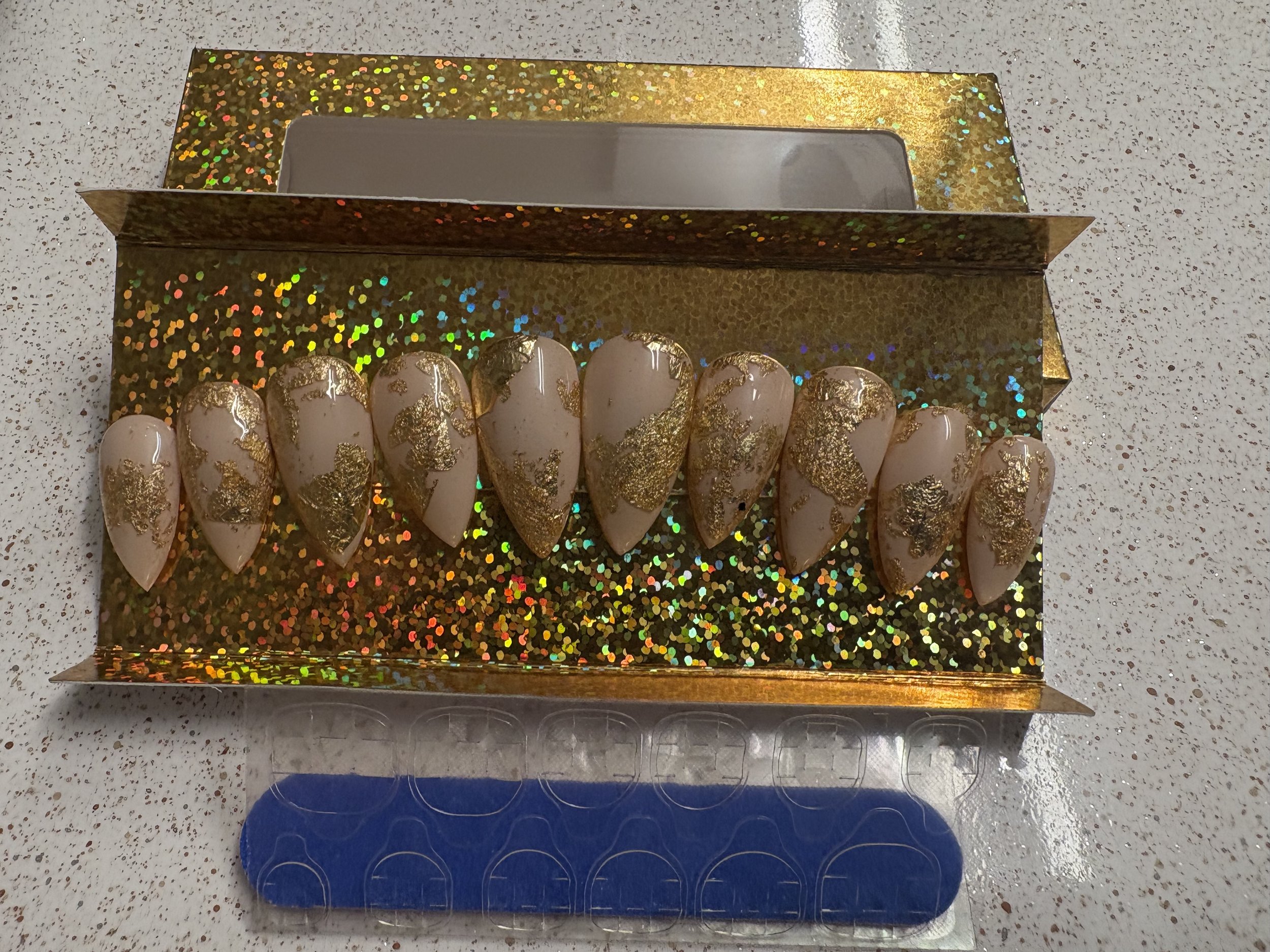Size Medium Nude with Gold Flake Short Stiletto Nails