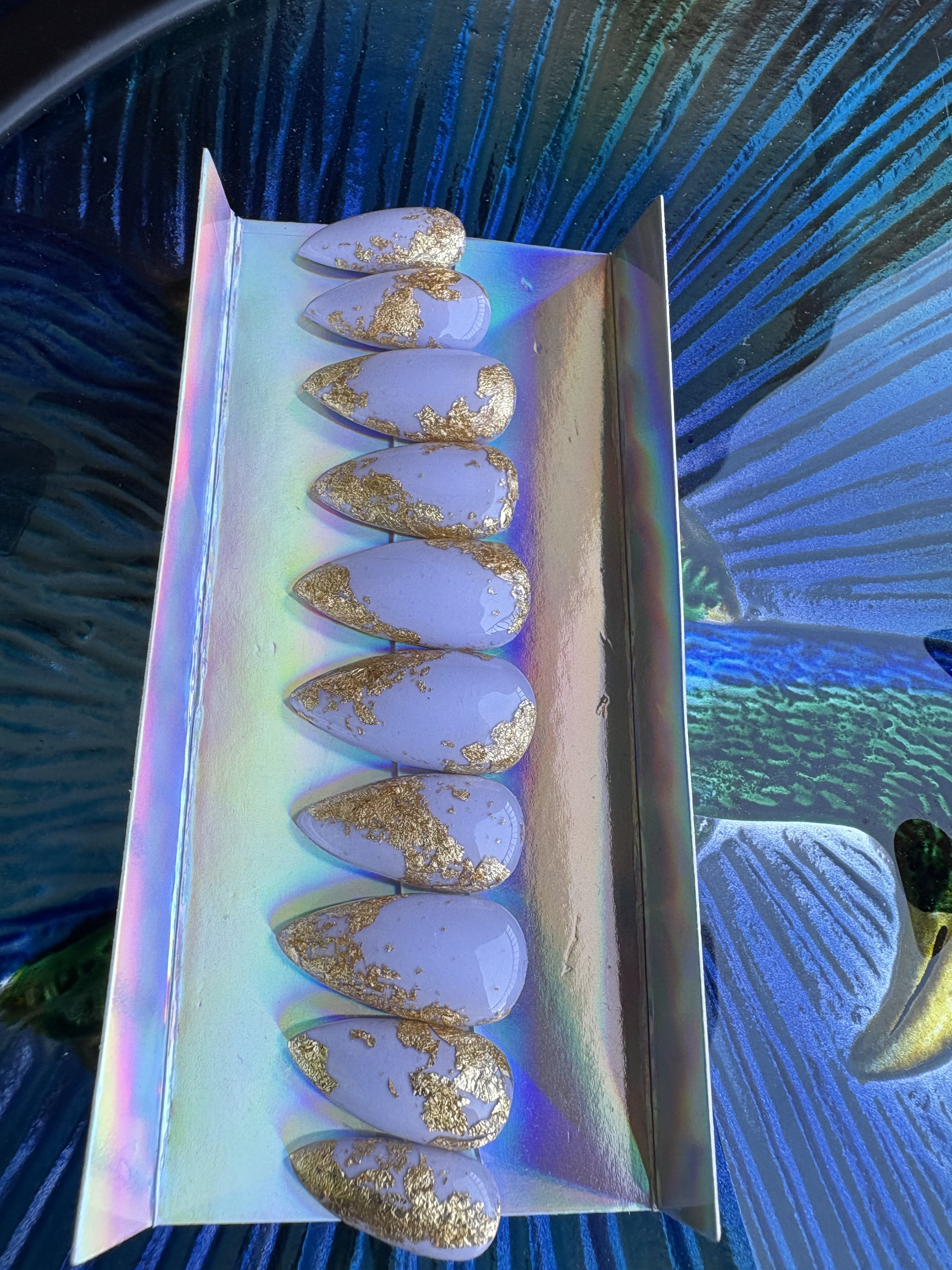 Size Medium Purple with Gold Flake Short Stiletto Nails