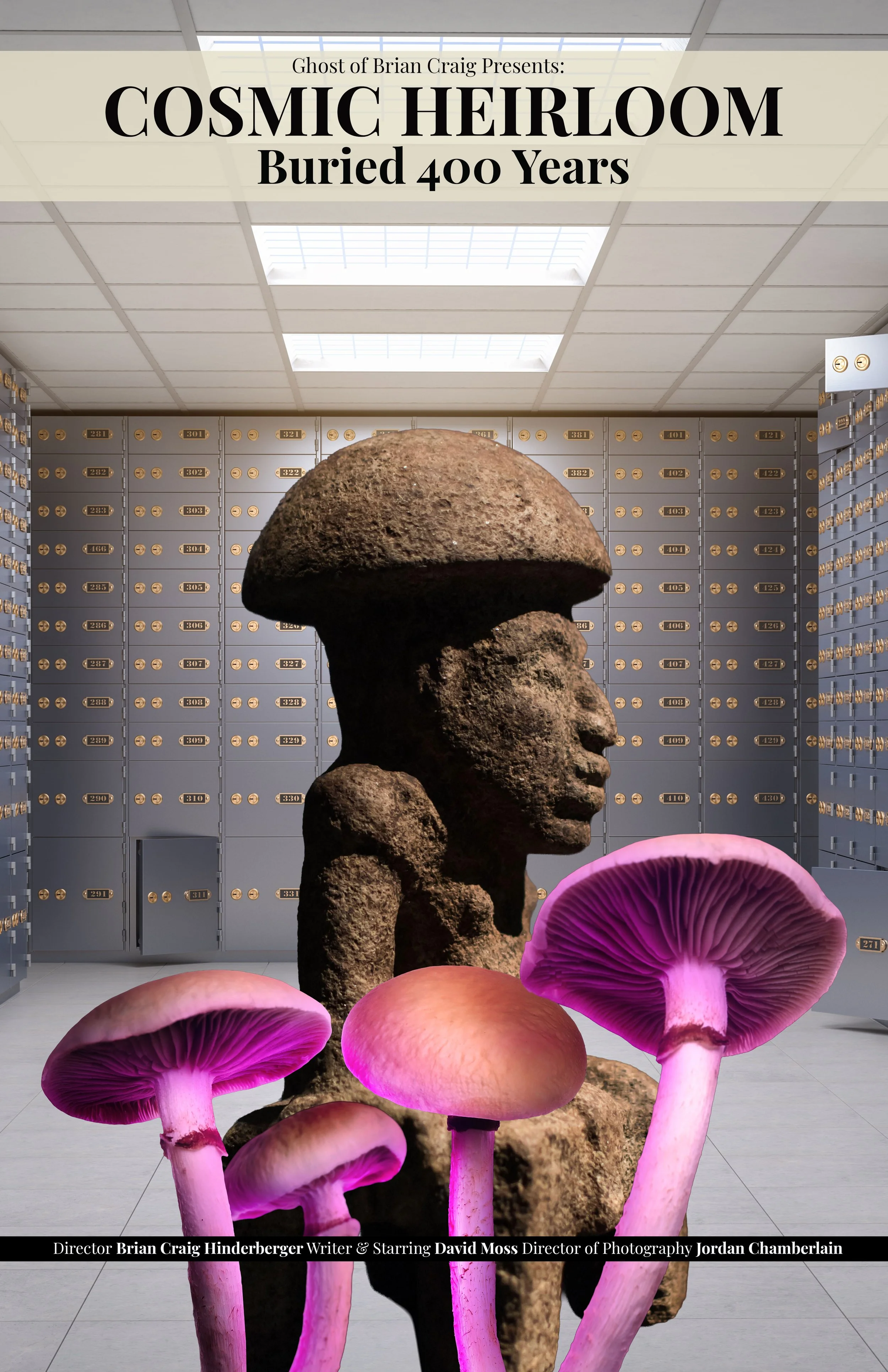Poster for a theatrical production titled 'COSMIC HEIRLOOM: Buried 400 Years,' presenting Ghost of Brian Craig. The poster features a large stone head sculpture amidst vivid pink mushrooms, with a background of coin lockers and a skylight ceiling.