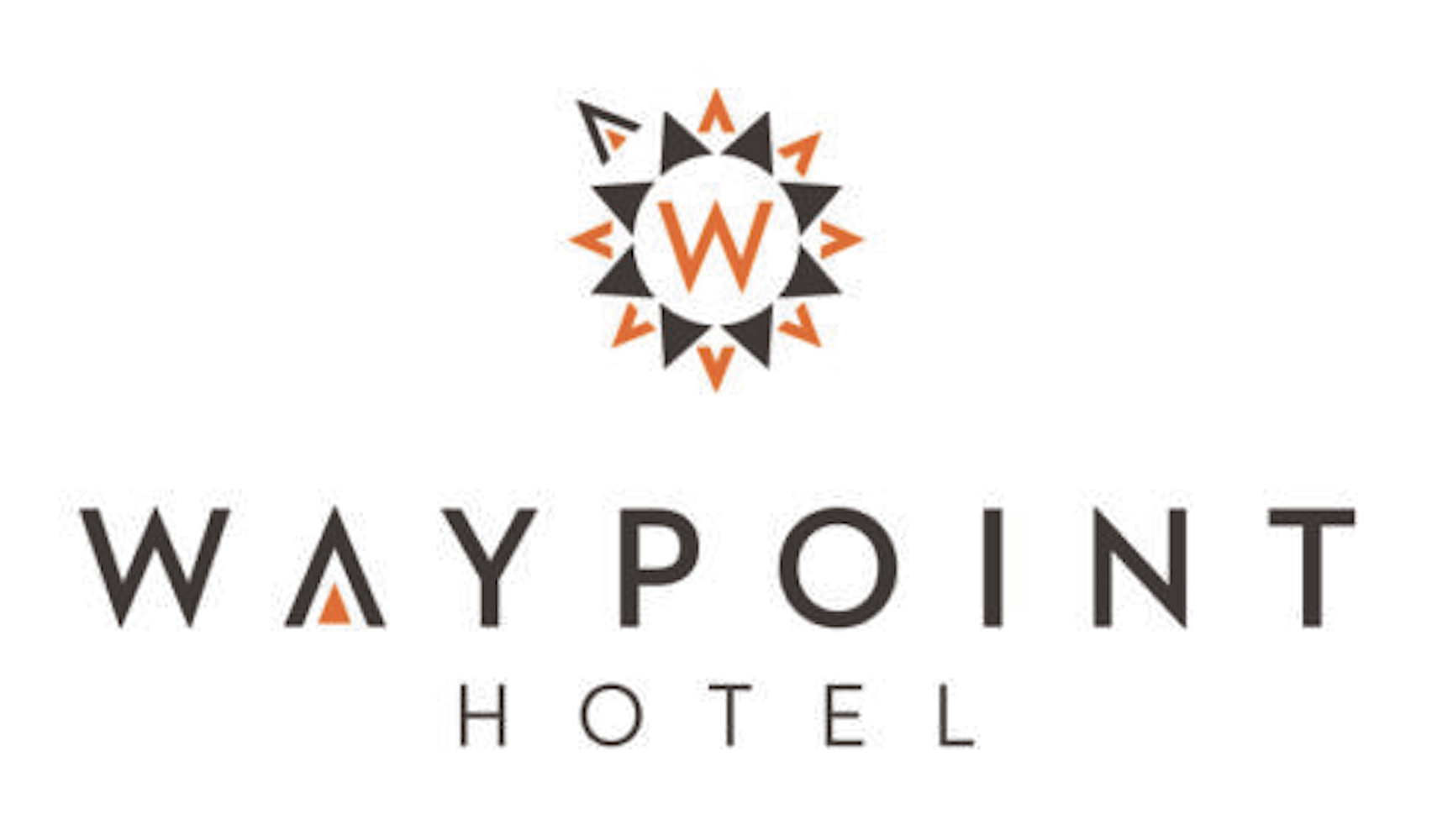 The logo of Way Point Hotel features a circular compass design with an orange 'W' in the center and black and orange compass points. Below the logo, the text reads 'WAY POINT HOTEL' with a stylized 'A' in "WAY" incorporating an orange triangle, and the word "HOTEL" underneath in smaller, black letters.