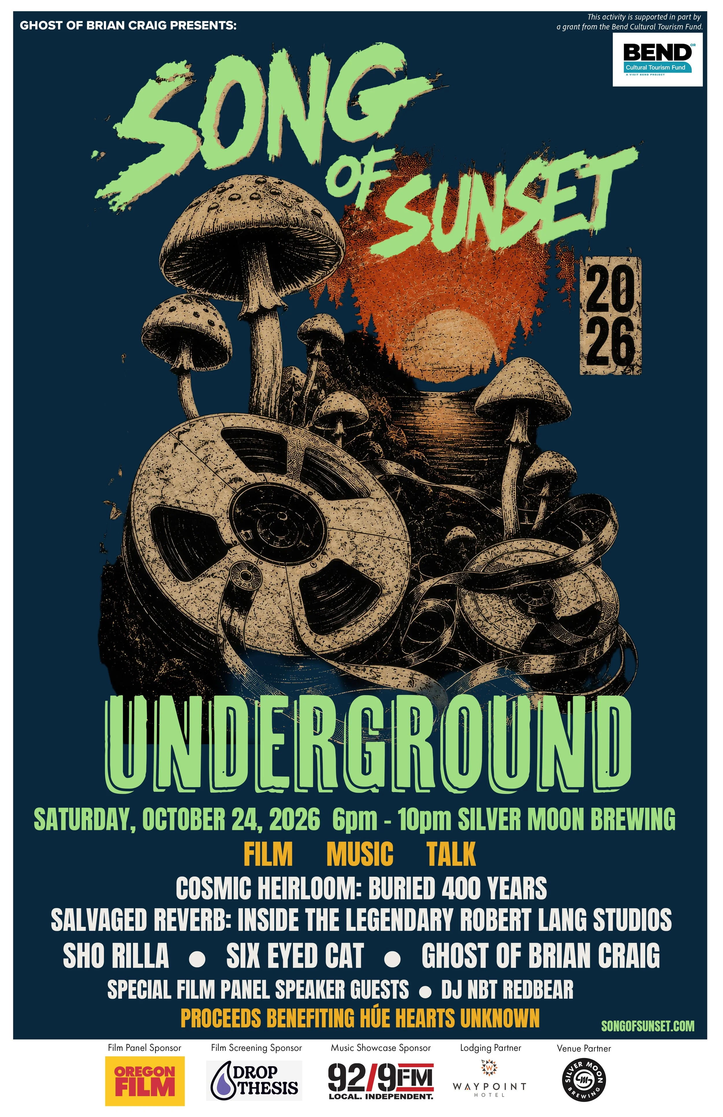 Poster for the event 'Song of Sunset Underground' at Silver Moon Brewing on October 24, 2026, from 6pm to 10pm. Features illustrations of mushrooms, sunset, and tape reels, with information about film, music, talk sessions, and a benefit for Hue Hearts Unknown.