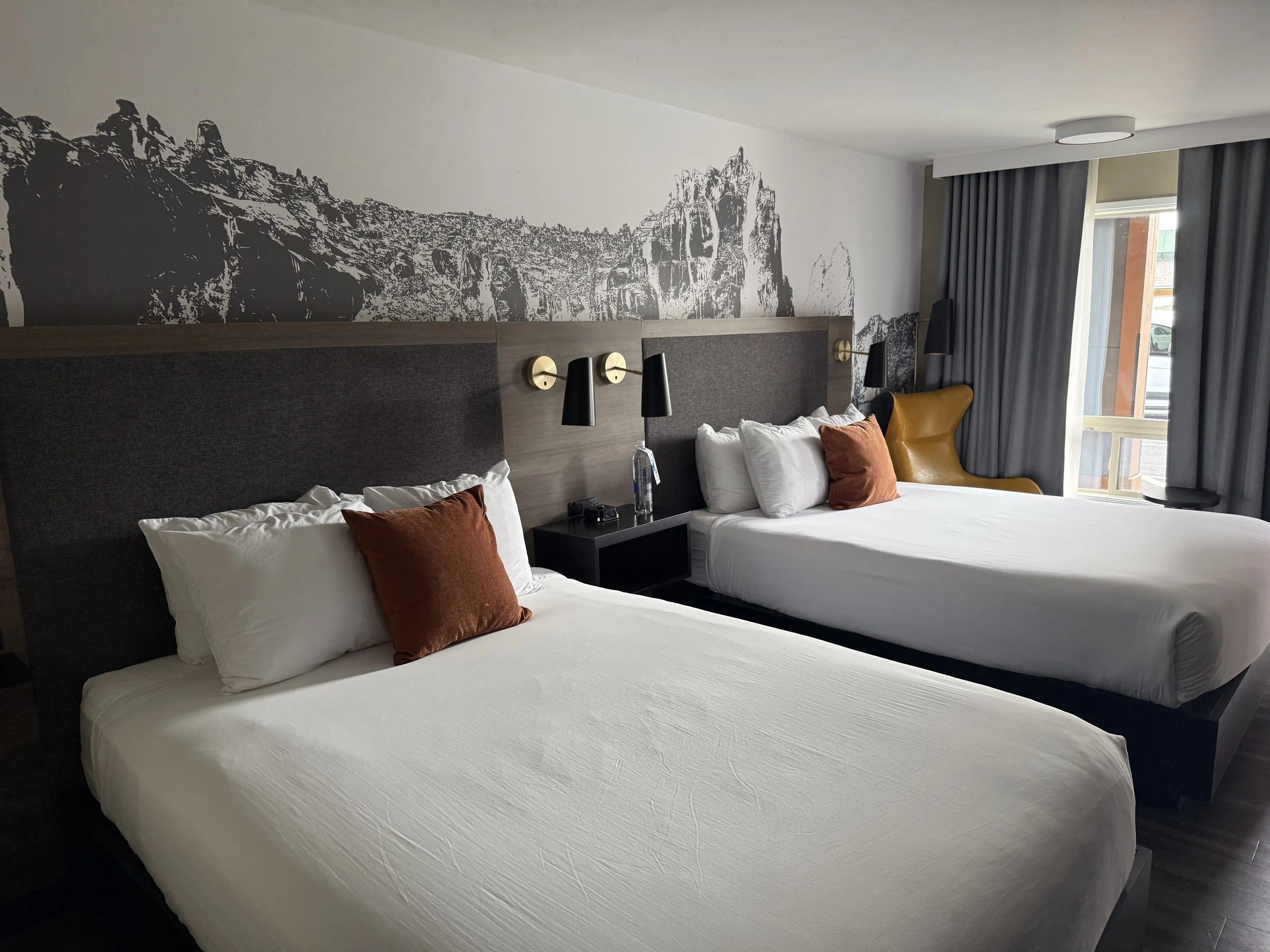 Two neatly made beds with white linens, brown pillows, and dark headboards in a hotel room. There are wall-mounted lamps above each bed, a bedside table with a water bottle, and a window with dark curtains, allowing natural light into the room. A mountain-themed mural decorates the wall behind the beds.