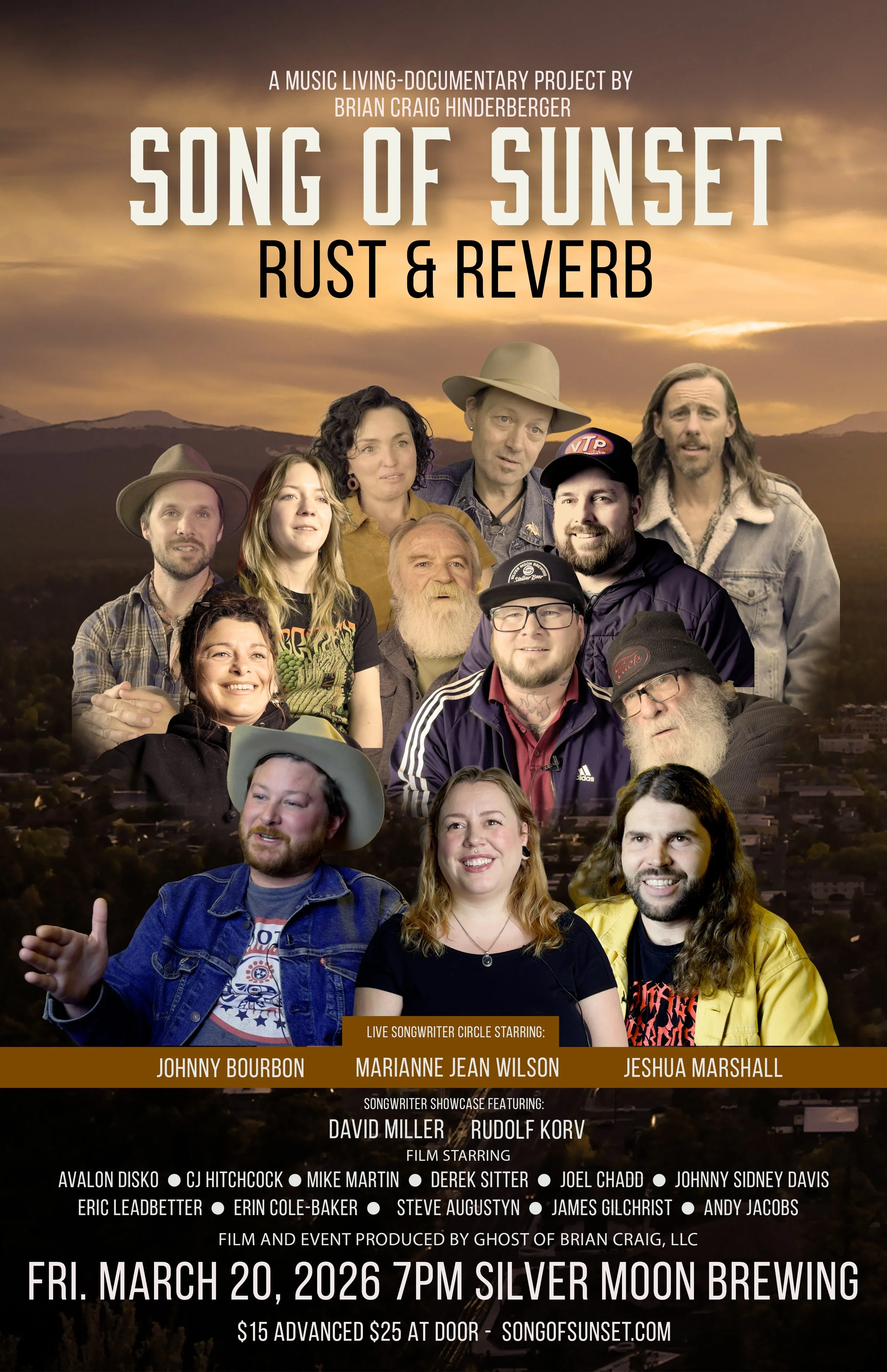Event poster for the music documentary project "Song of Sunset: Rust & Reverb." Features a background of a sunset over a desert landscape with a collage of diverse people, musicians, inside the poster. Details include the date, time, and location of the event, along with lineup and ticket information.