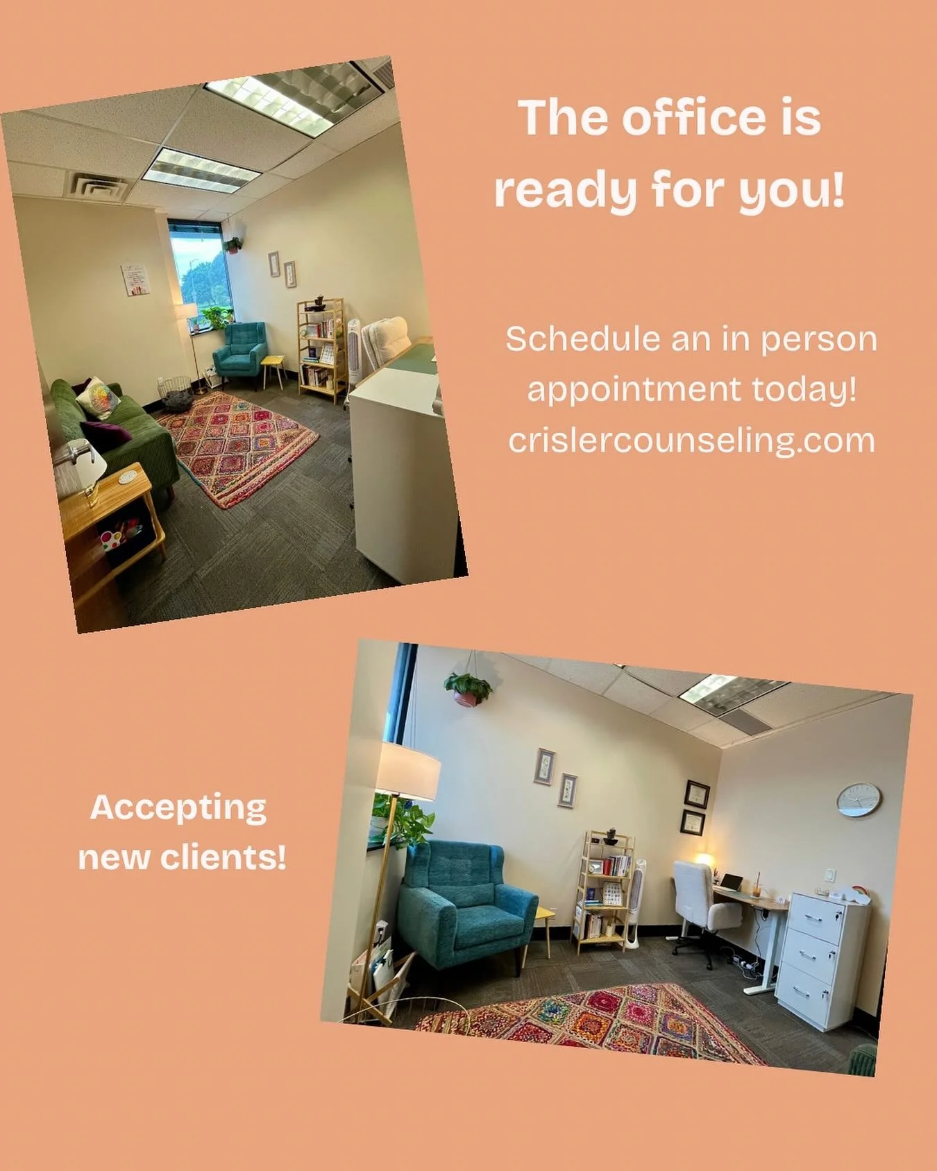 Exciting news! My office is now ready for in-person sessions starting next week. Whether you prefer to meet face-to-face or from the comfort of home, I offer both in-person and telehealth appointments to meet your needs. Reach out to get scheduled!