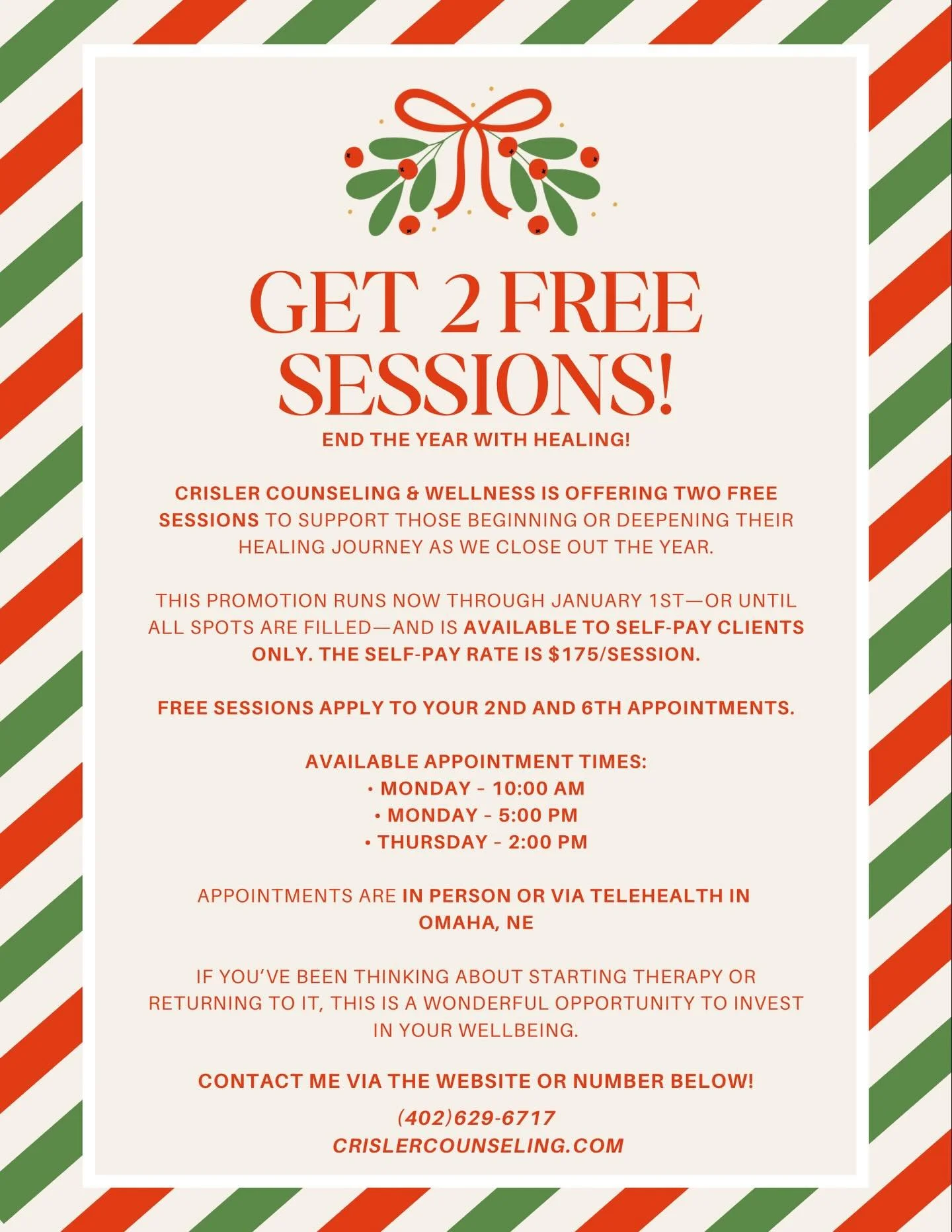 Give yourself the gift of healing this season. 🎁❤️
For a limited time, I&rsquo;m offering two free therapy sessions (your 2nd and 6th) for new self-pay clients who start before January 1st.

Whether you&rsquo;re beginning your healing journey or com