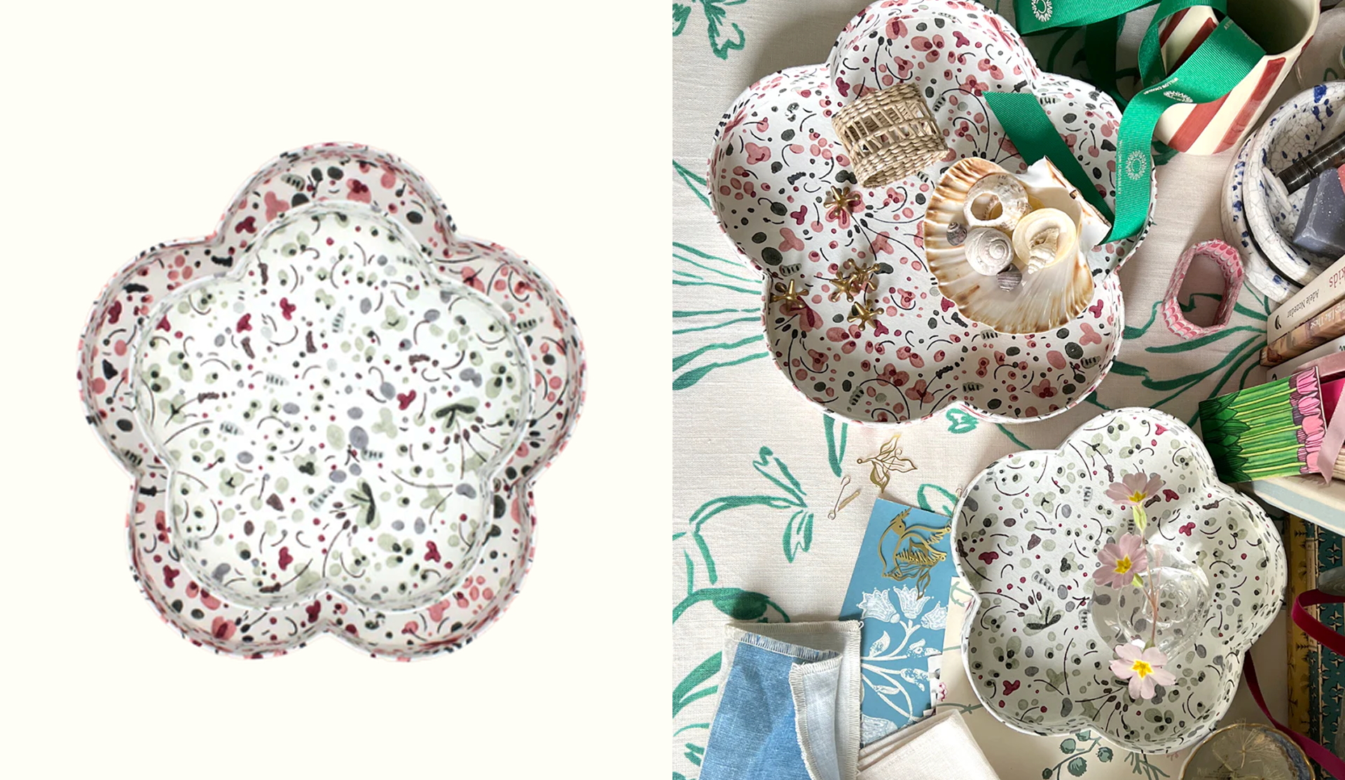 Decorative flower-shaped tray with a floral pattern, shown both on a white background and on a table with seashells, jewelry, and stationery.