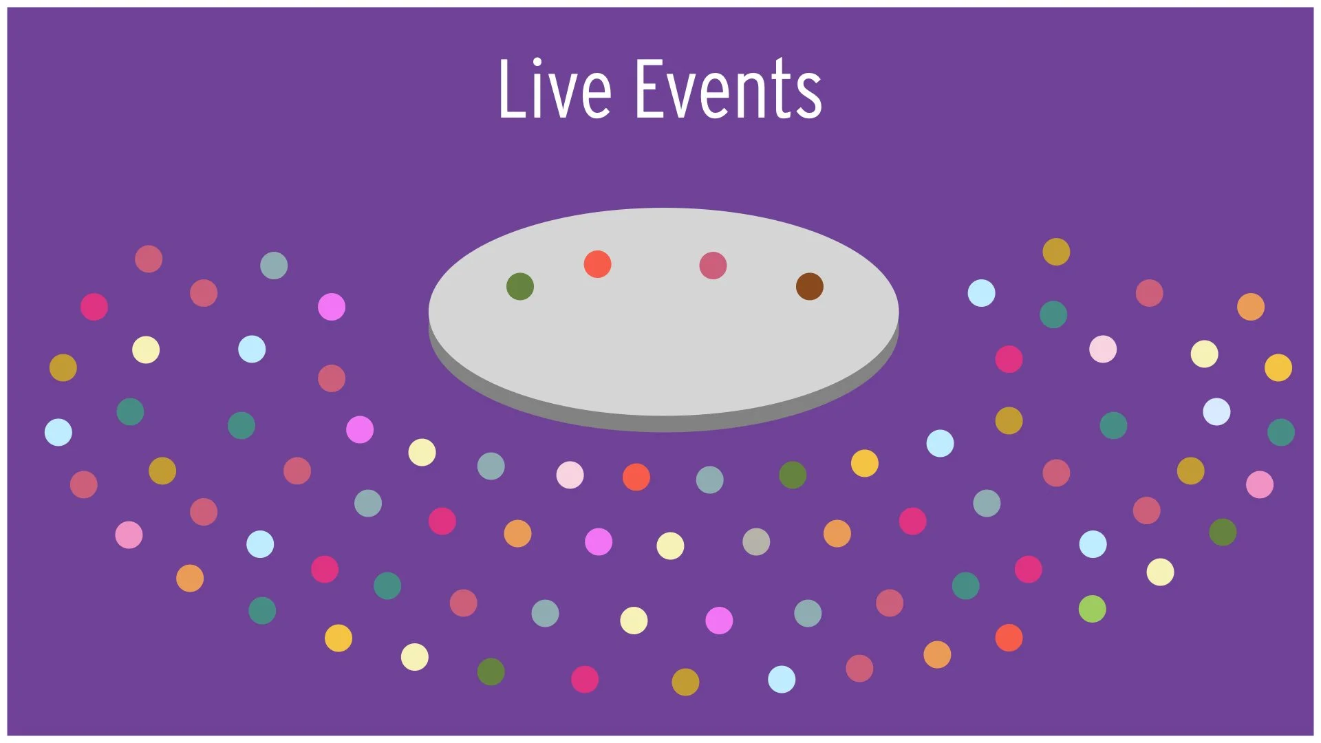Graphic with a purple background displays a gray circular platform in the center surrounded by multicolored confetti dots, with the text 'Live Events' at the top.