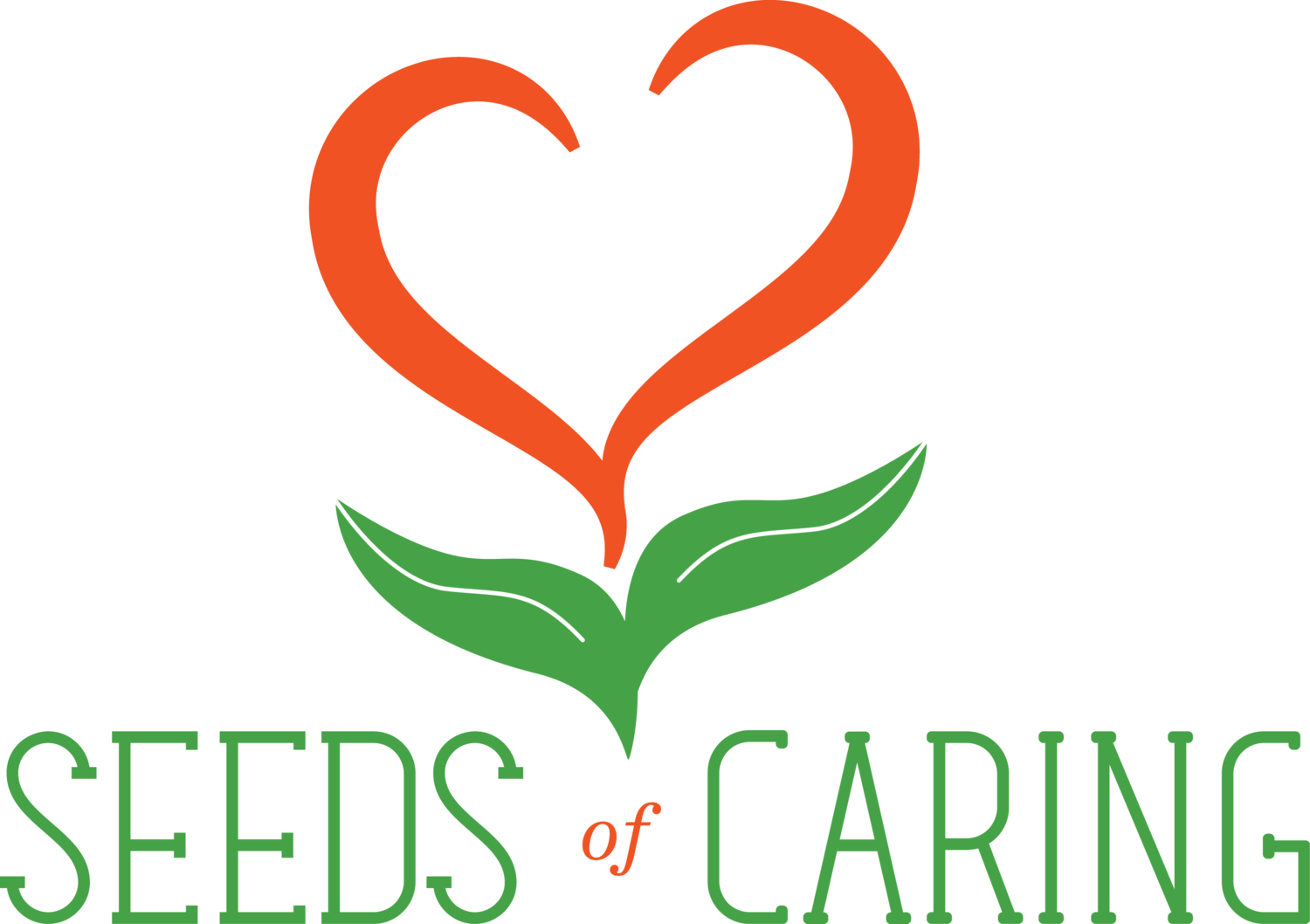A colorful illustration featuring a large orange heart with black accents, accompanied by green shapes around it.