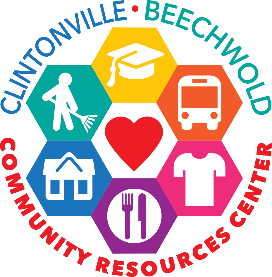 Icons representing community resources: education, transportation, healthcare, housing, food, and social connection, arranged in a circular pattern with the text "Clantonville-Beachwood Community Resources Organizer" around the circle.