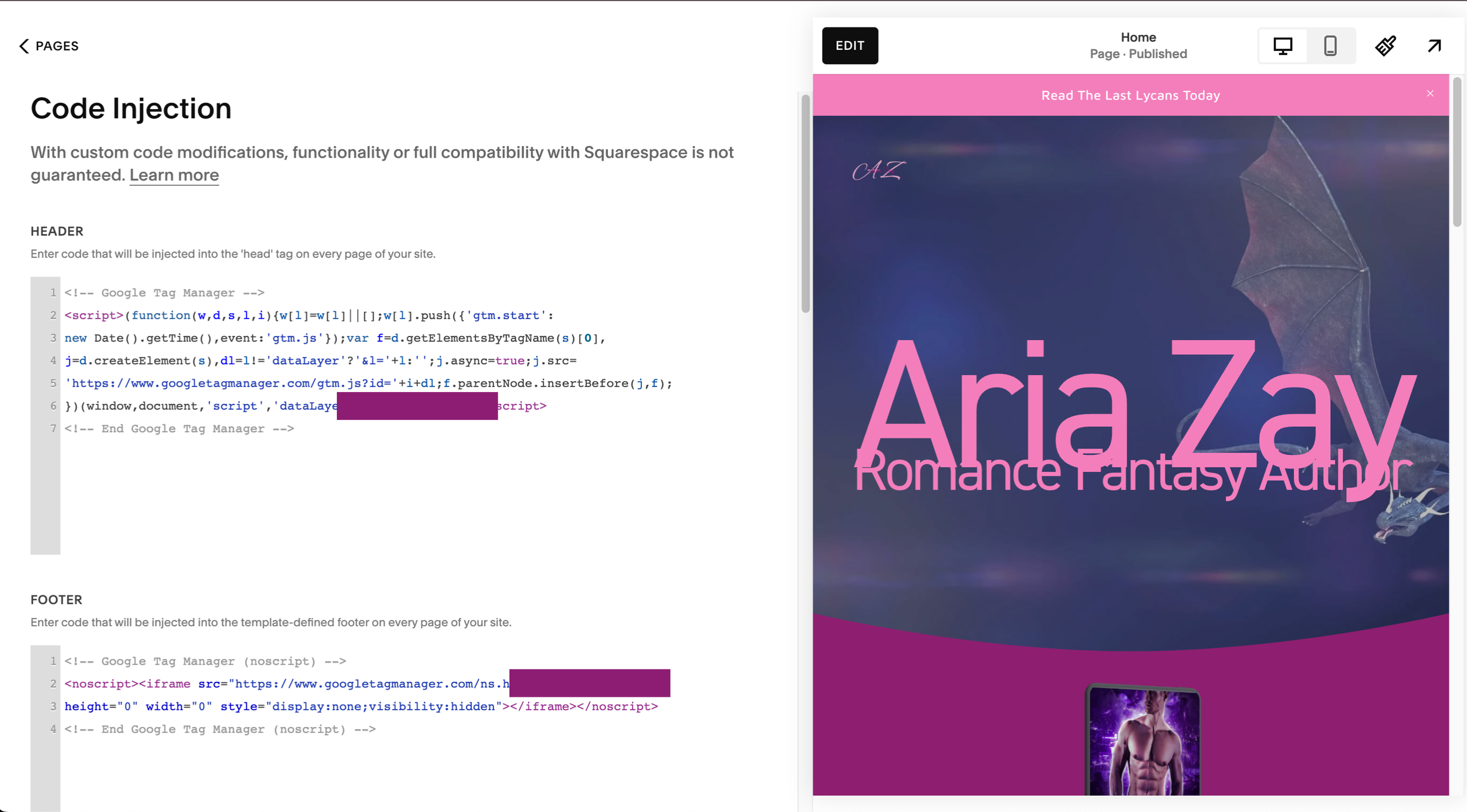 what the custom code injection should look like for GTM inside squarespace