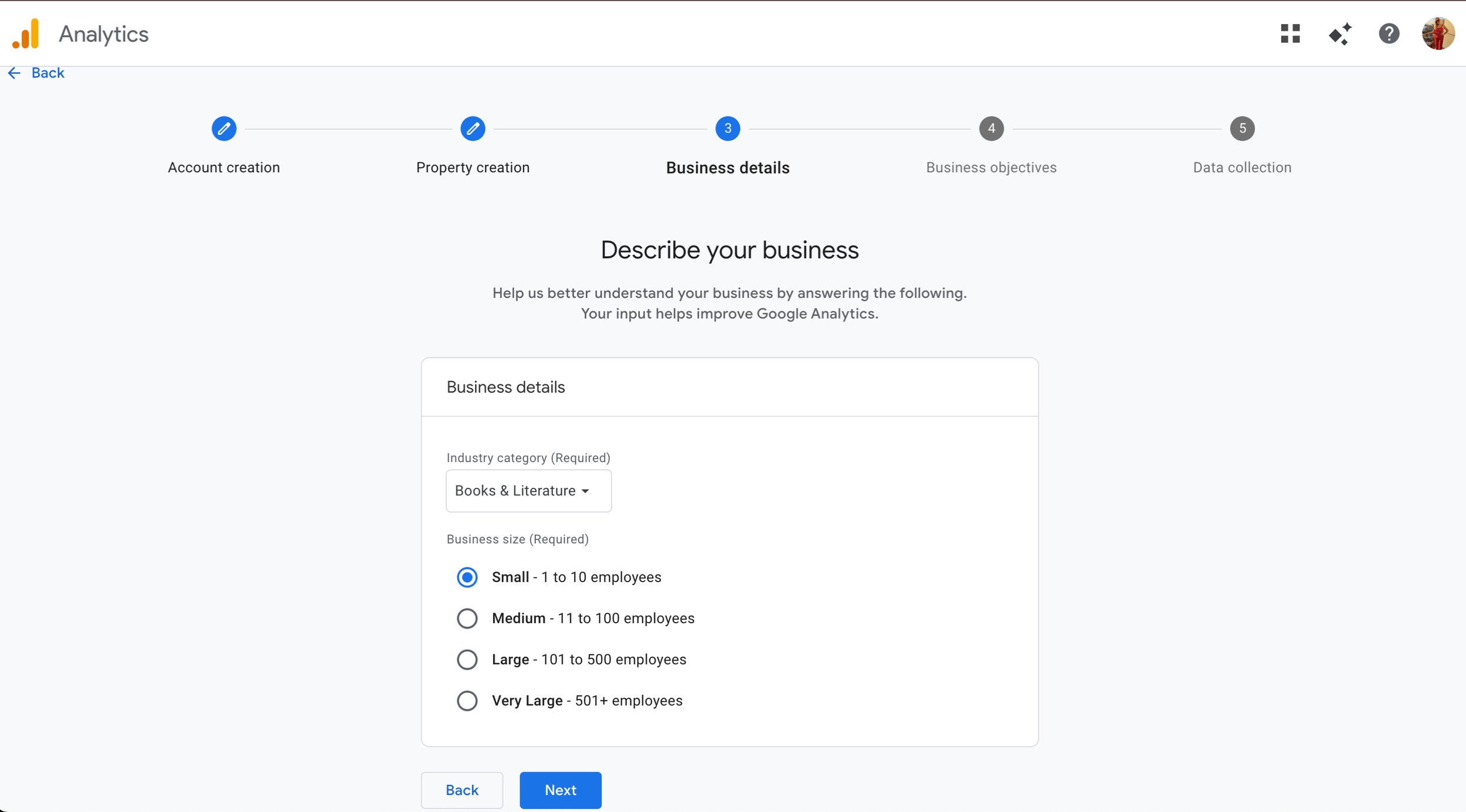 choose your GA4 business details