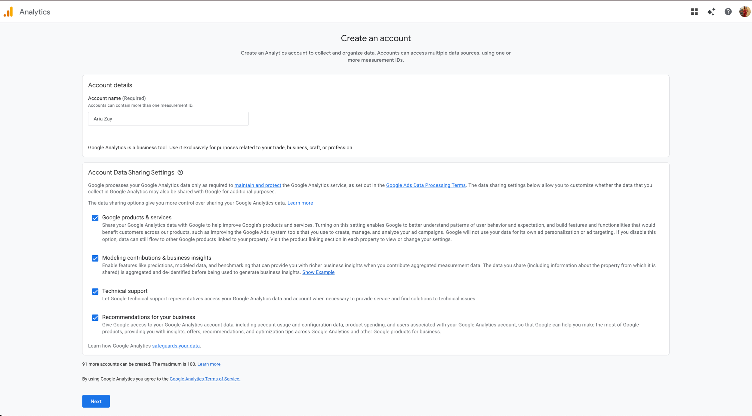 create a GA4 account screenshot