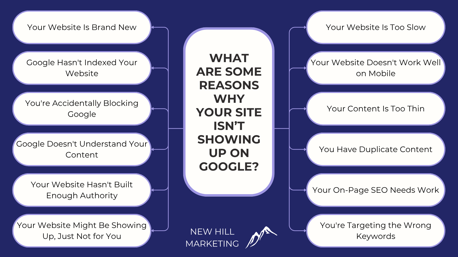 graphic showing the 12 reasons your site might not be showing up on google