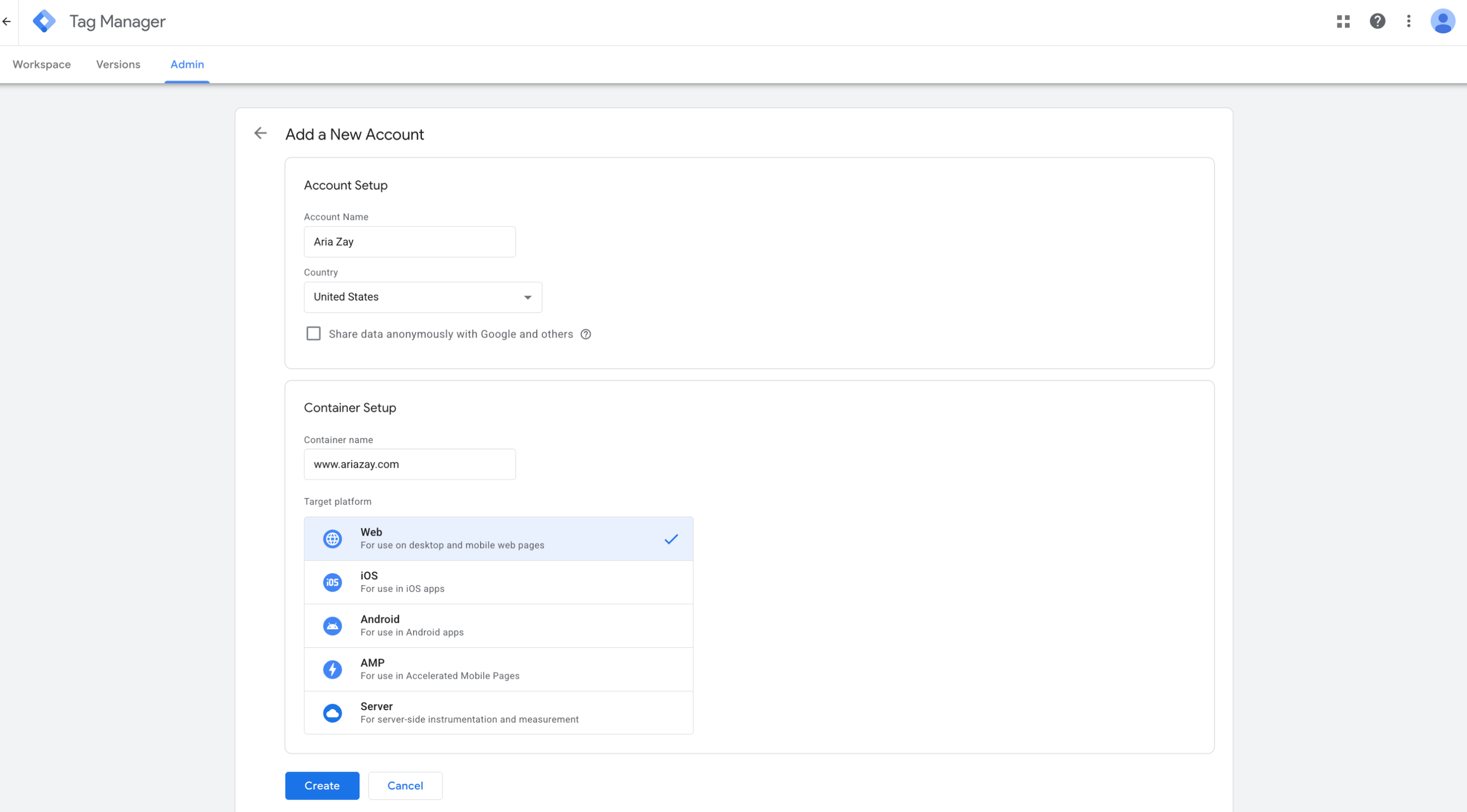 GTM create a new account screenshot