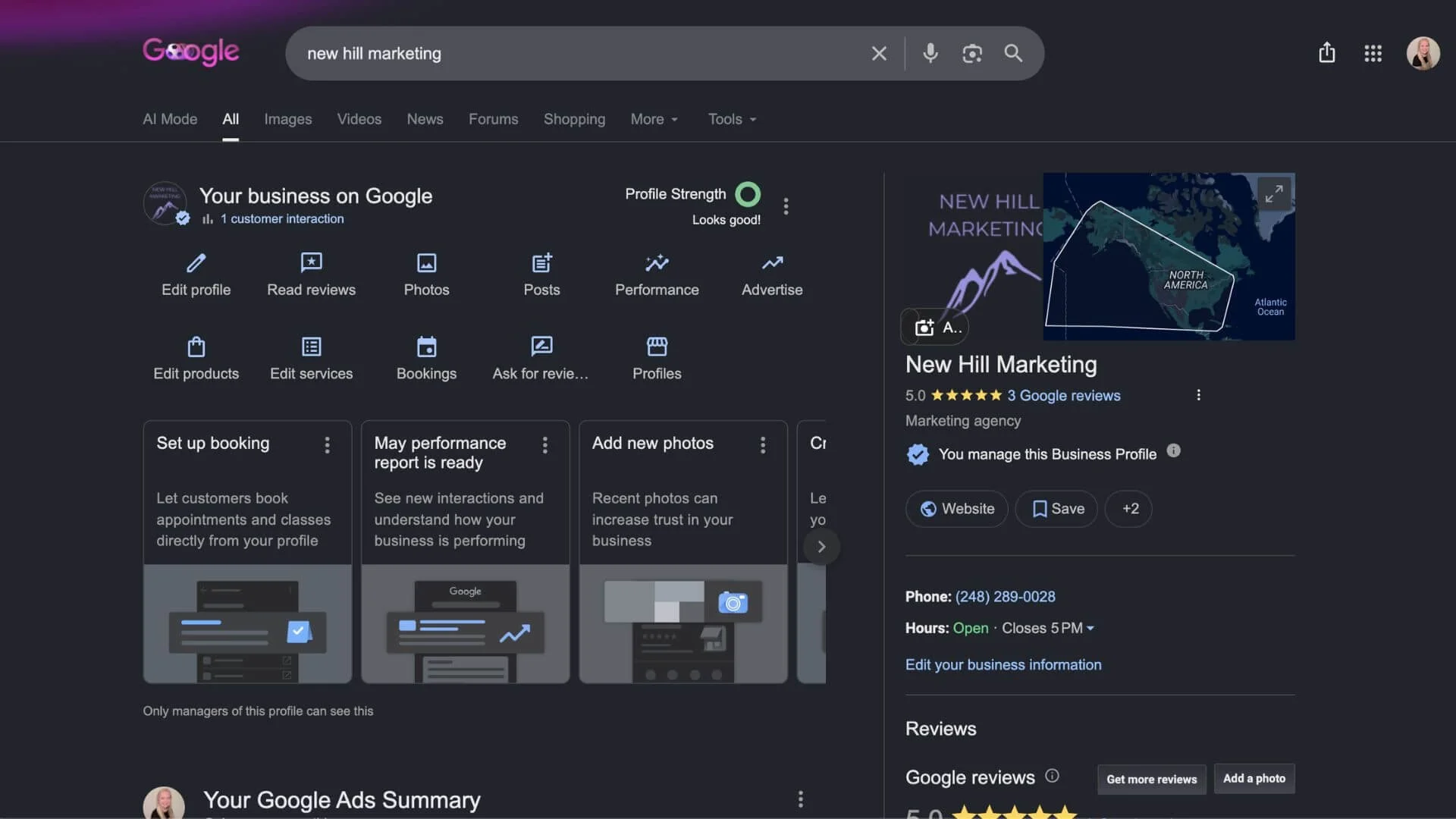 screenshot of New Hill Marketings Google Business Page